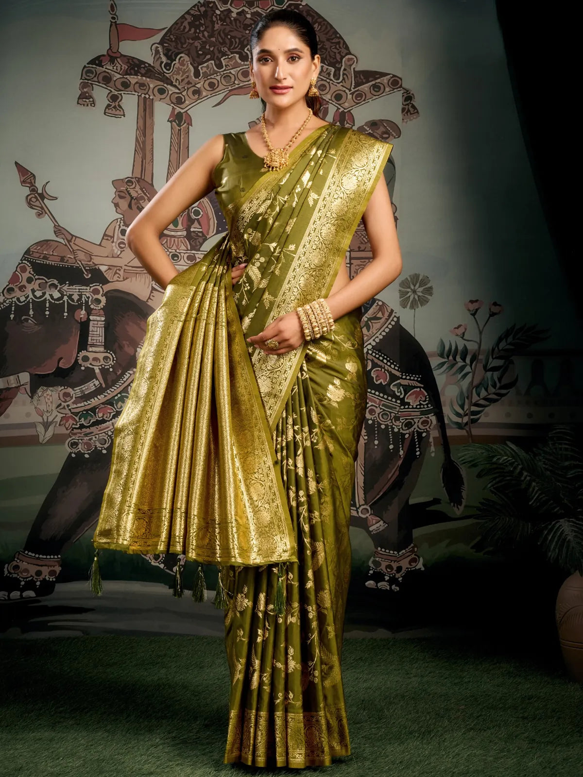 Tarani premium green soft silk saree full view with zari work and elegant drape