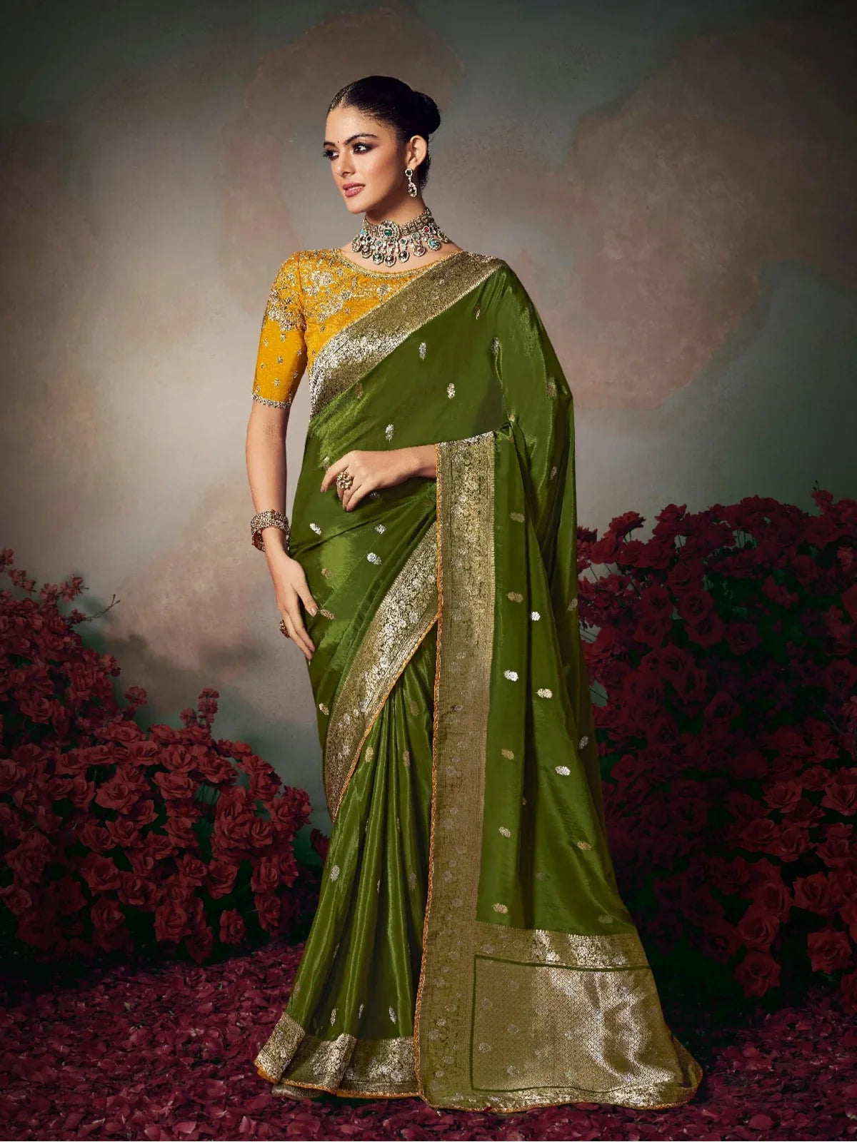 Tarani green silk saree full view with designer embroidered blouse