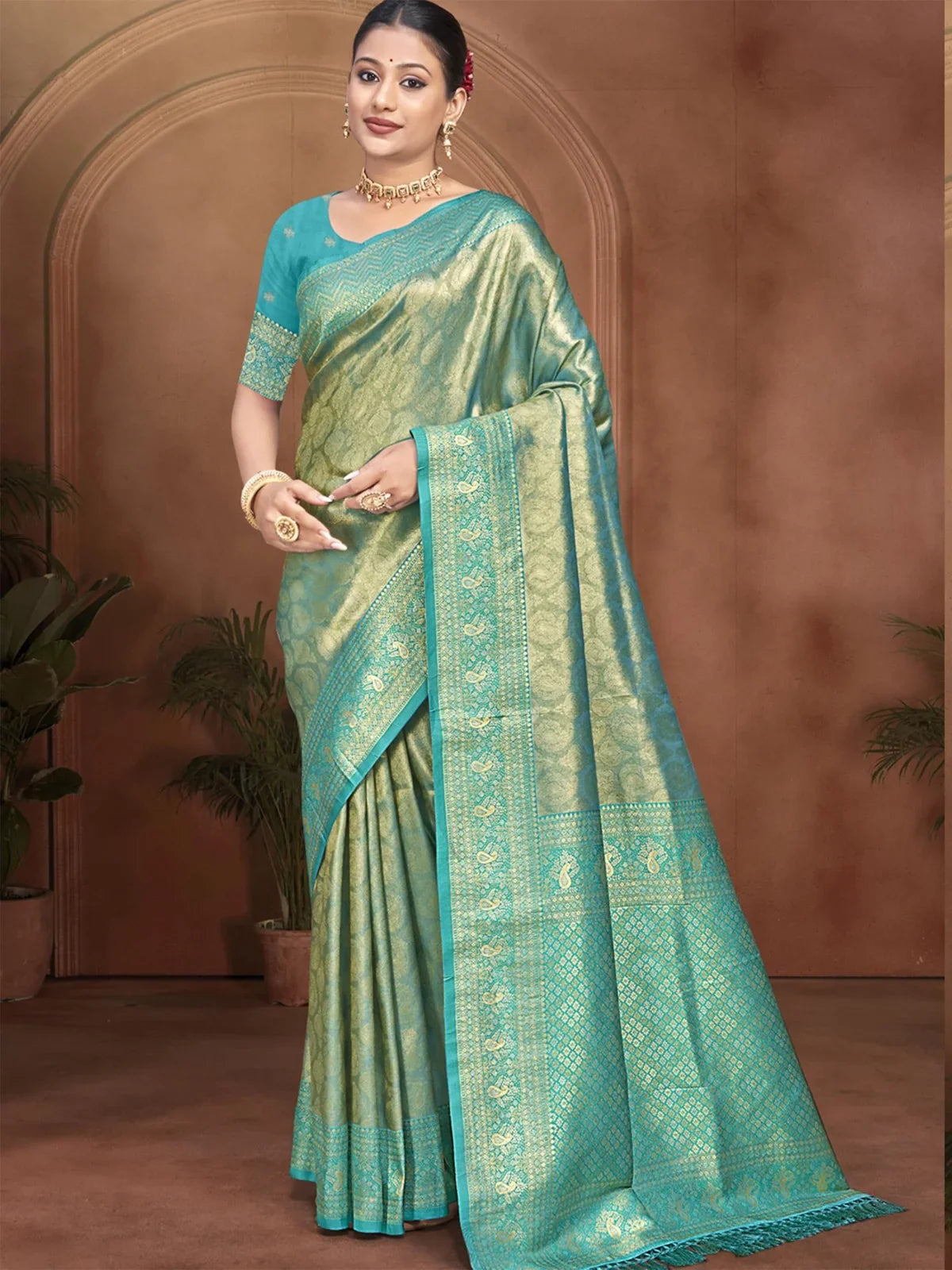 Tarani premium green kanjivaram silk saree full view with elegant border design
