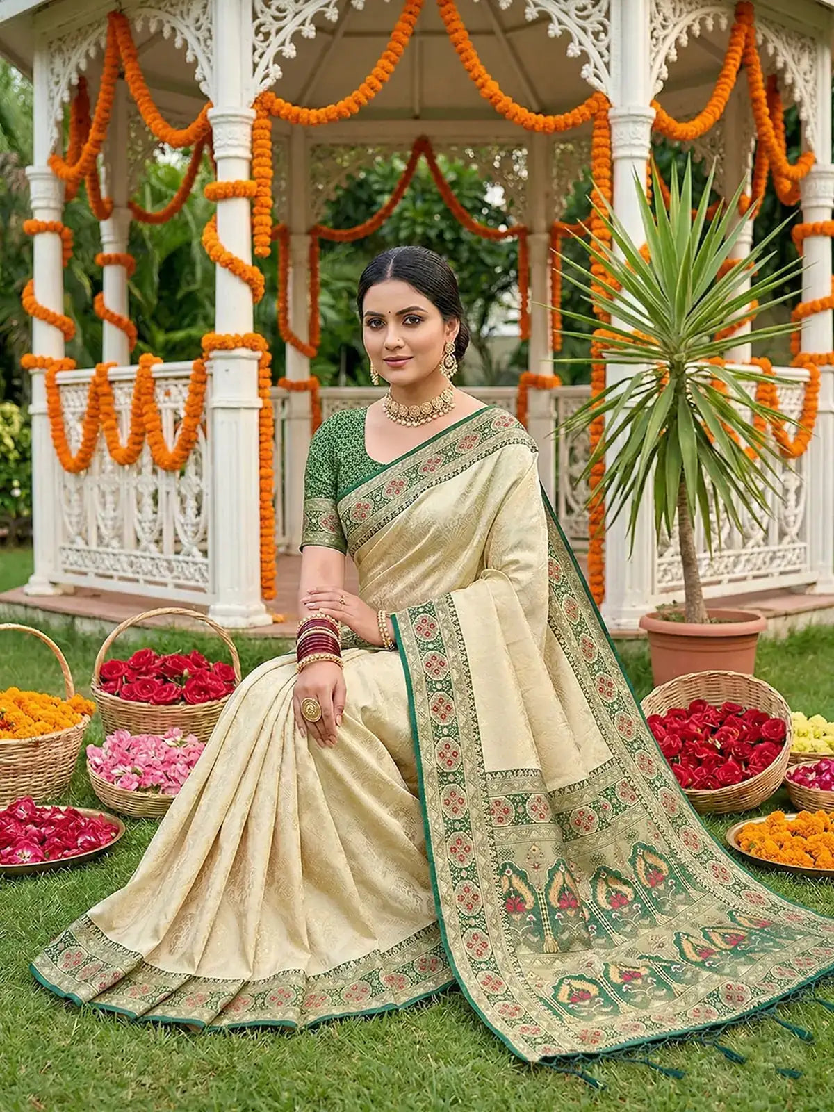 Tarani green soft silk saree with woven pallu and elegant drape pallu view
