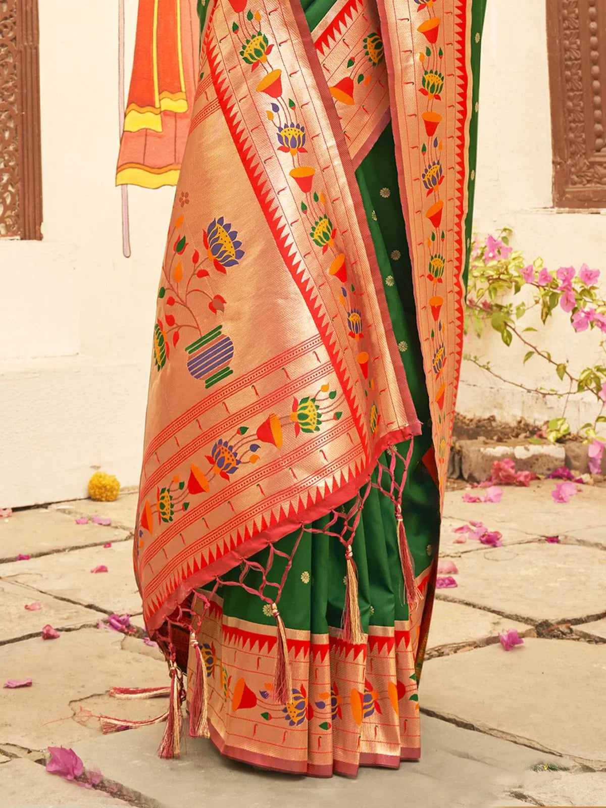 Tarani Paithani silk green saree with rich zari contrast border detailed pallu view