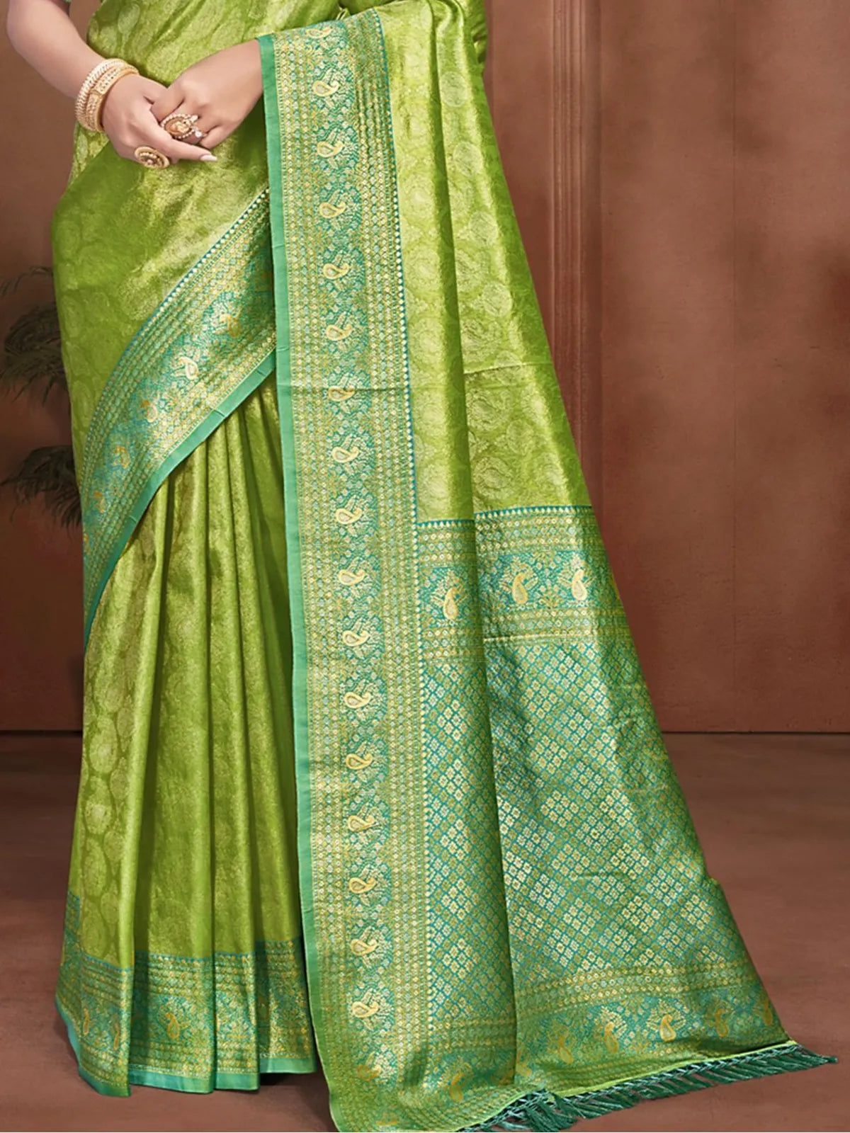 Tarani green kanjivaram silk saree pallu closeup highlighting zari motifs and border pattern
