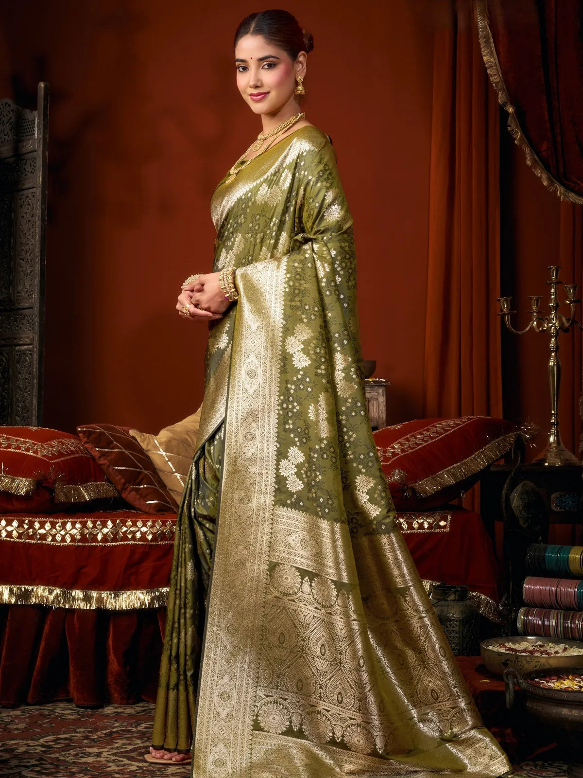 Tarani olive green premium self jacquard soft silk saree side-view