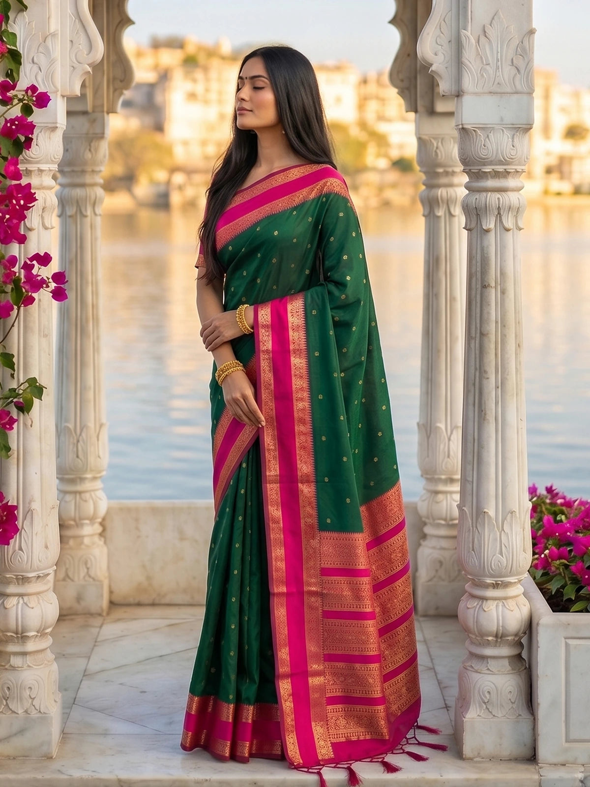 Tarani soft silk green saree side pose showcasing rich zari pallu and festive party wear styling