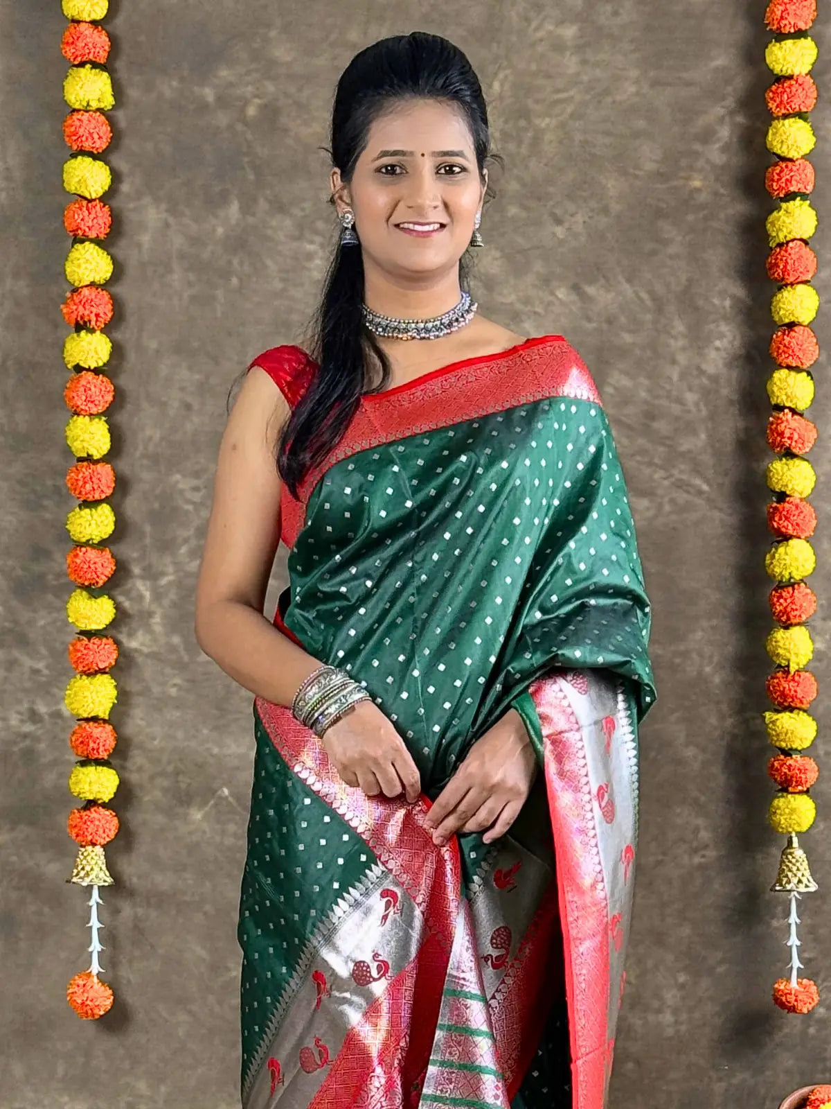 Tarani green silk saree upper body view showing blouse and festive detailing