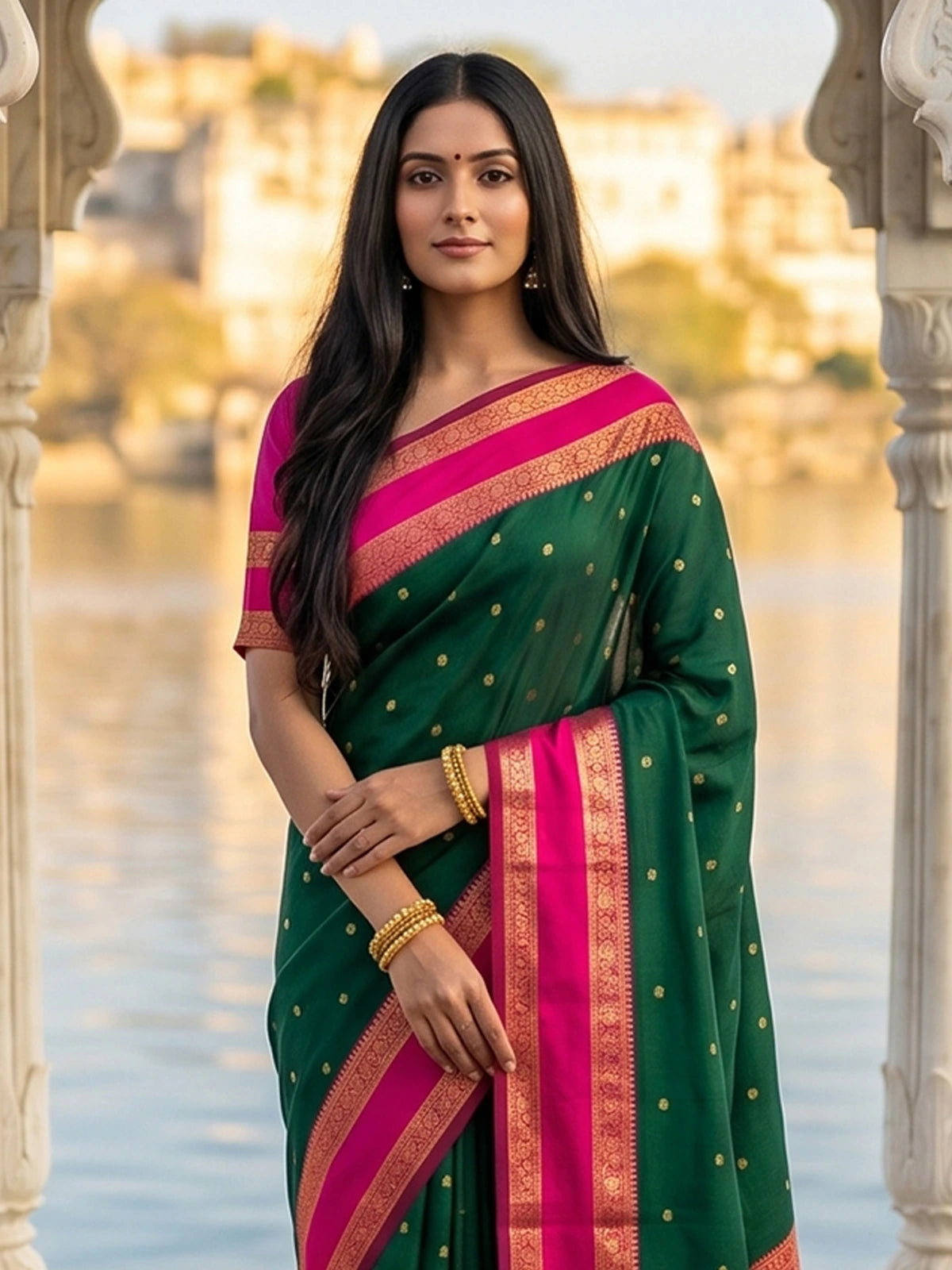 Tarani green soft silk saree upper body view with contrast pink zari border and elegant drape
