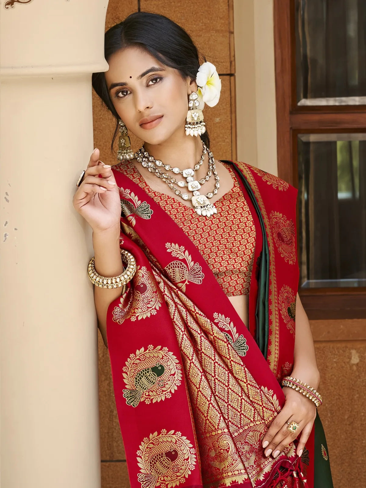 Tarani green silk saree upper body view with woven blouse and zari pallu detailing