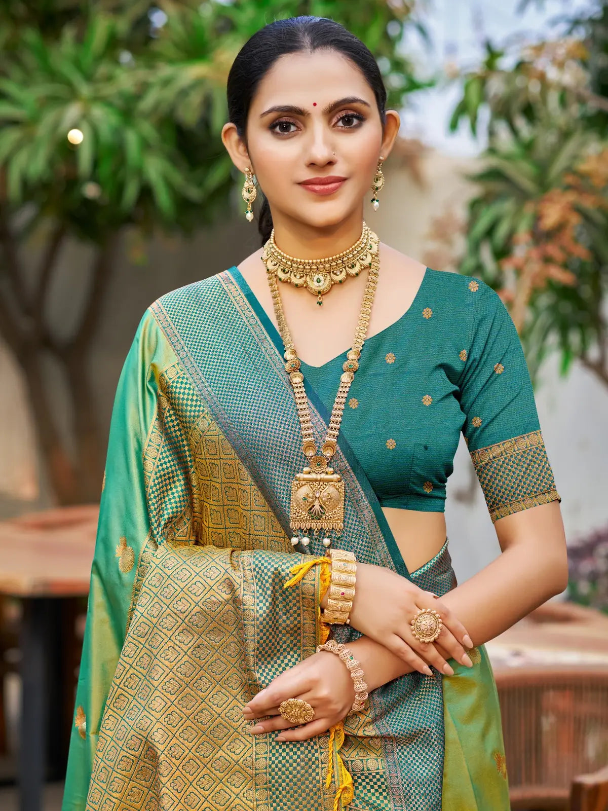 Tarani green dual tone soft silk saree upper body view with woven blouse and jewellery