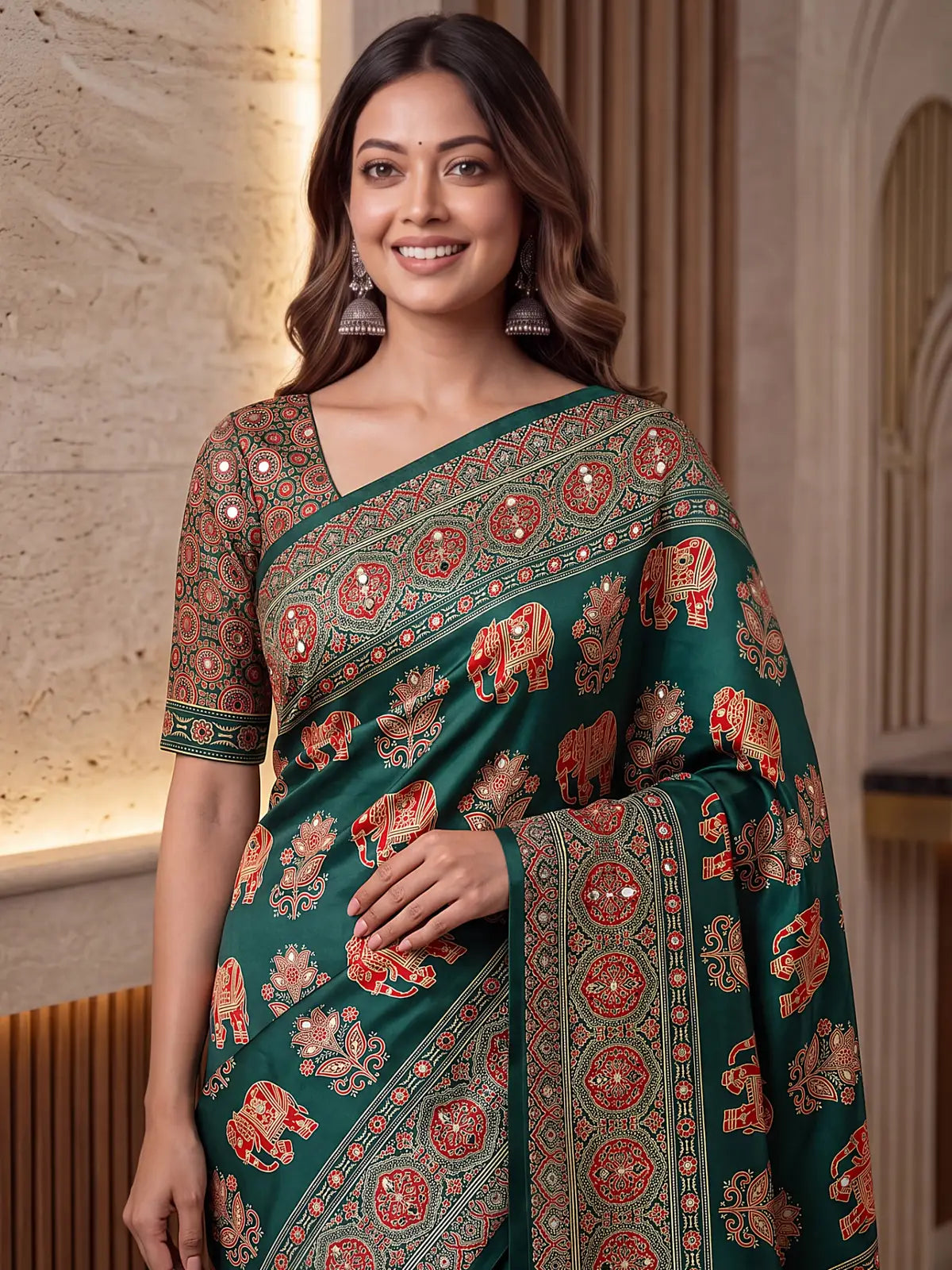 Tarani green Crap Silk saree upper body view showing blouse and border