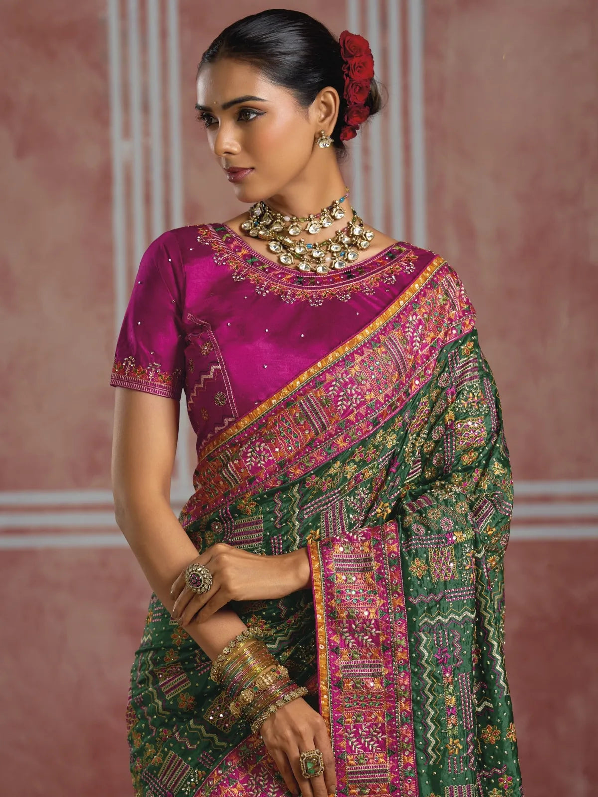 Tarani green Shana Silk saree upper body detailing