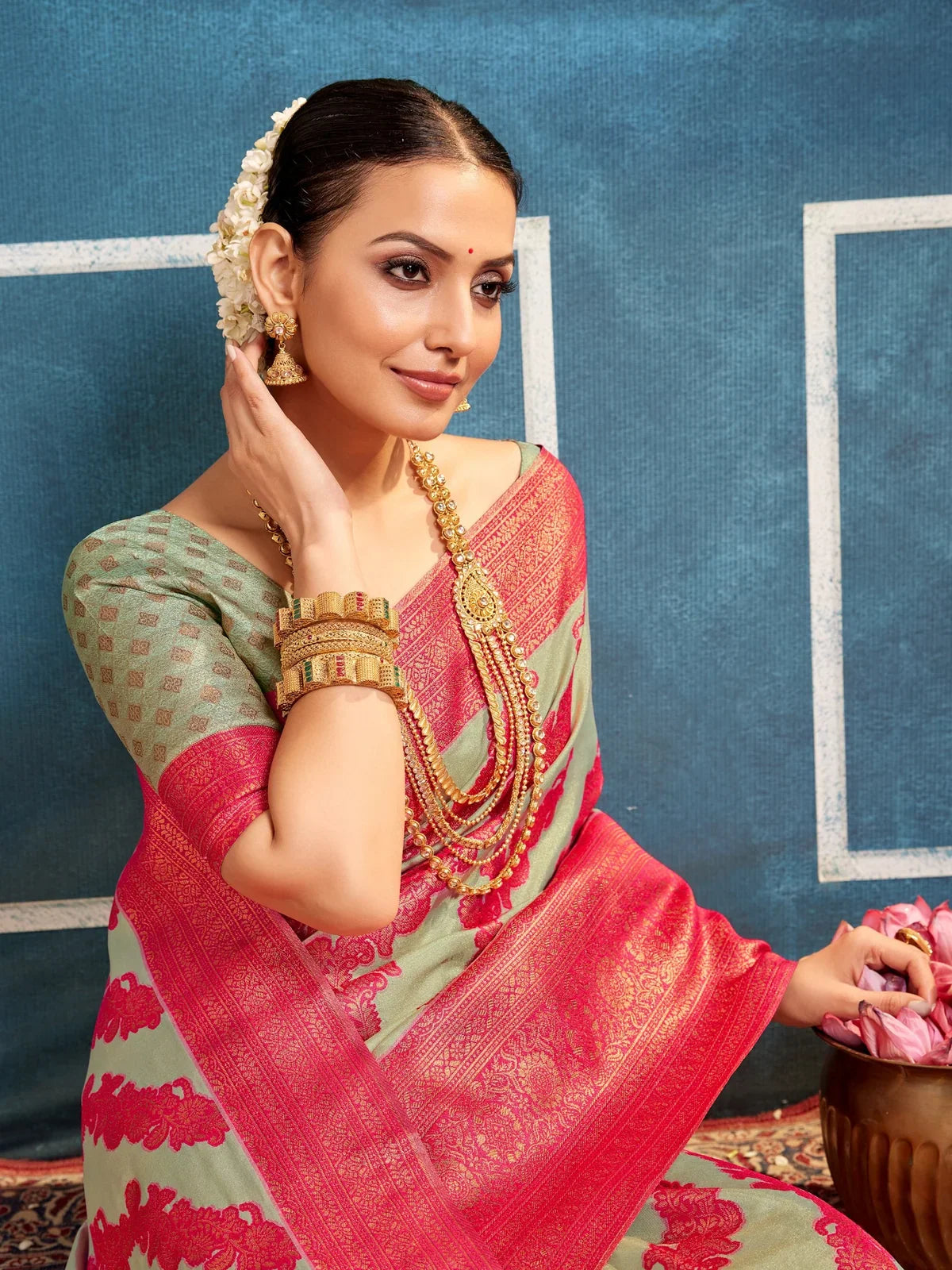 Tarani green silk saree closeup of blouse and jewellery styling for festive occasion