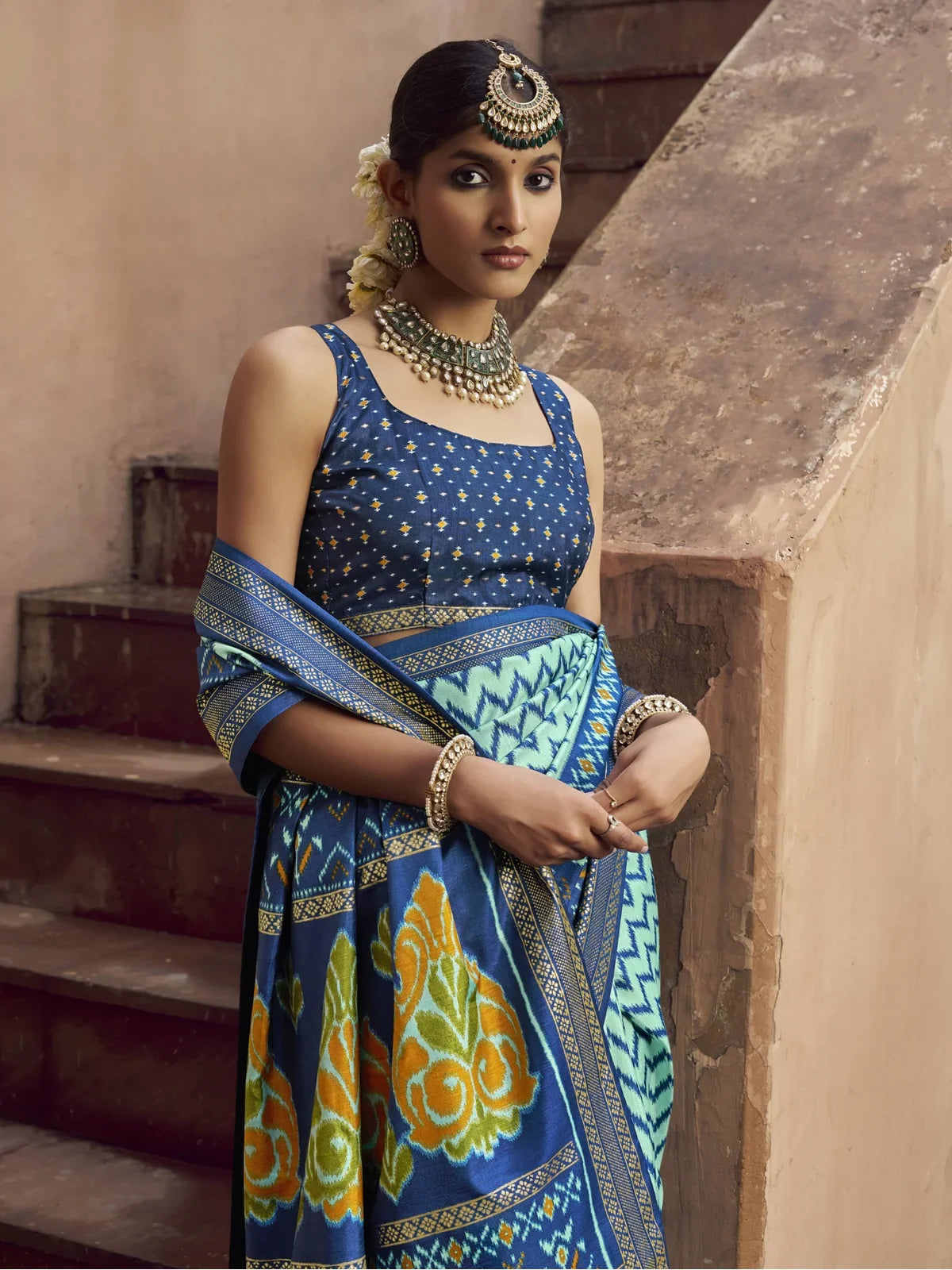 Tarani green silk saree upper body view showing blouse and hand embroidery details