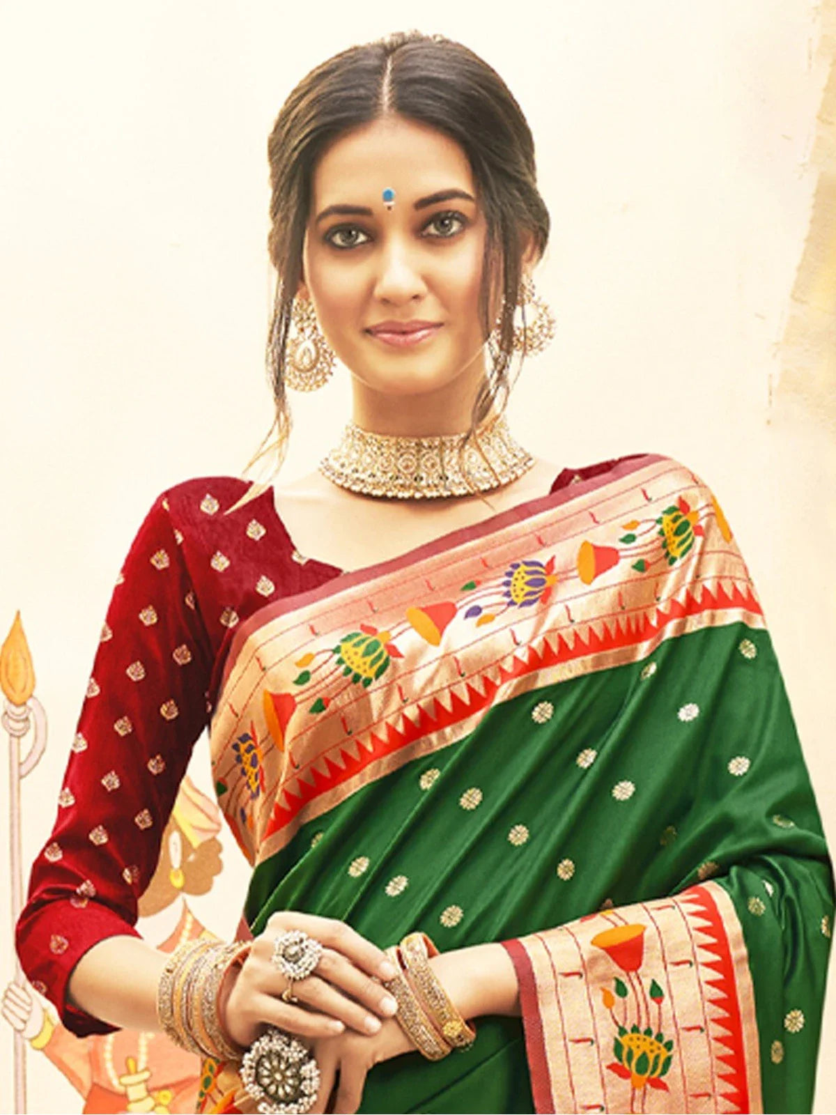 Tarani Paithani silk green saree with zari border styled blouse upper body view