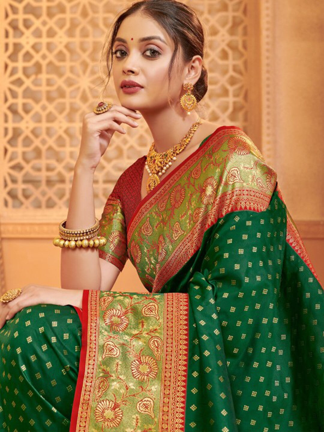 Tarani elegant green silk blend saree with contrast red blouse upper body view