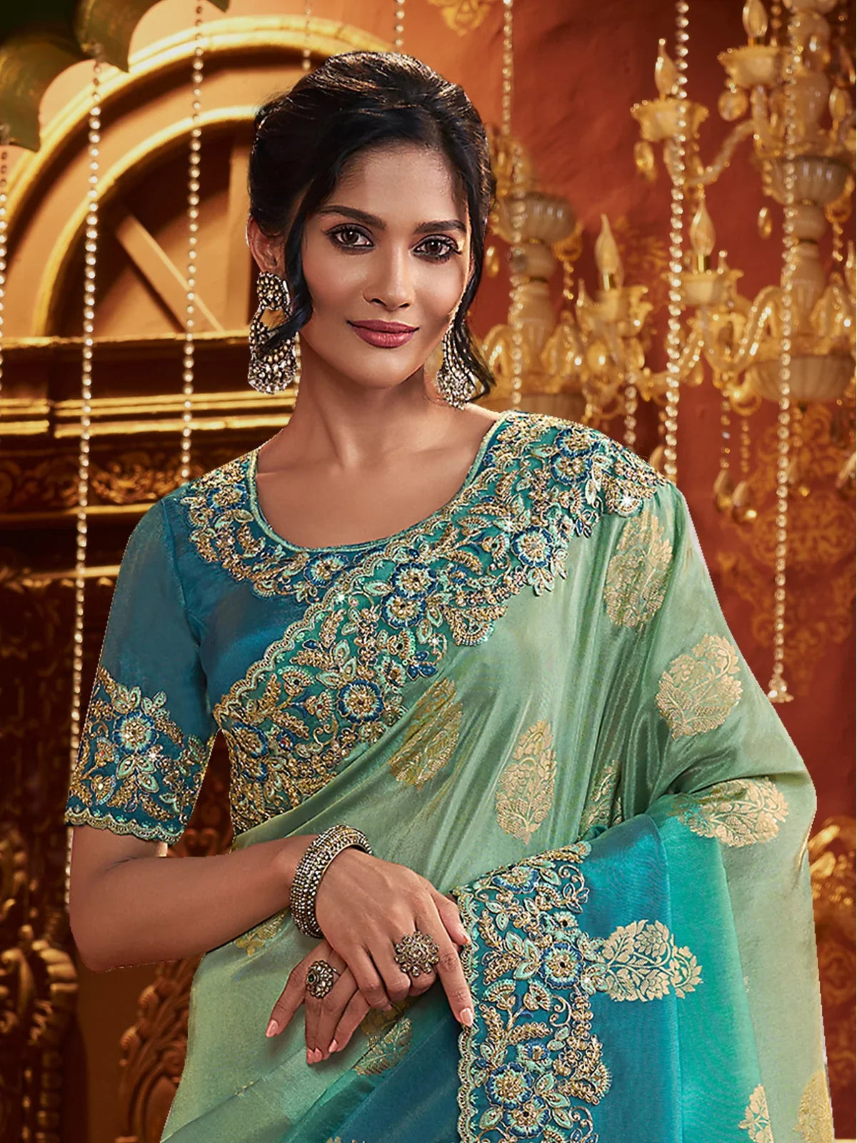 Tarani green silk saree upper body view with embroidered blouse neckline close-up