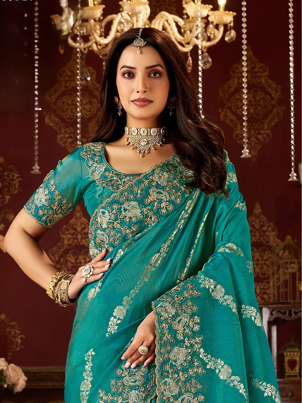 Tarani green fancy saree with rich embroidered blouse upper body close up