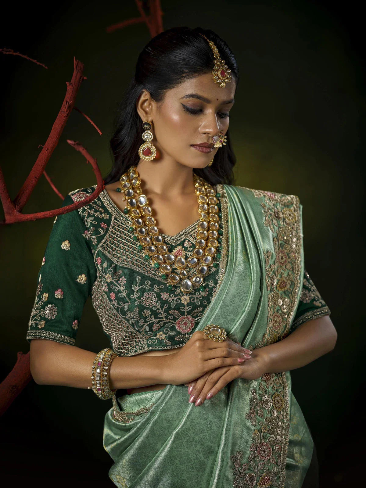 Tarani green silk saree upper body Chandani with layered kundan jewellery and ornate border wedding look