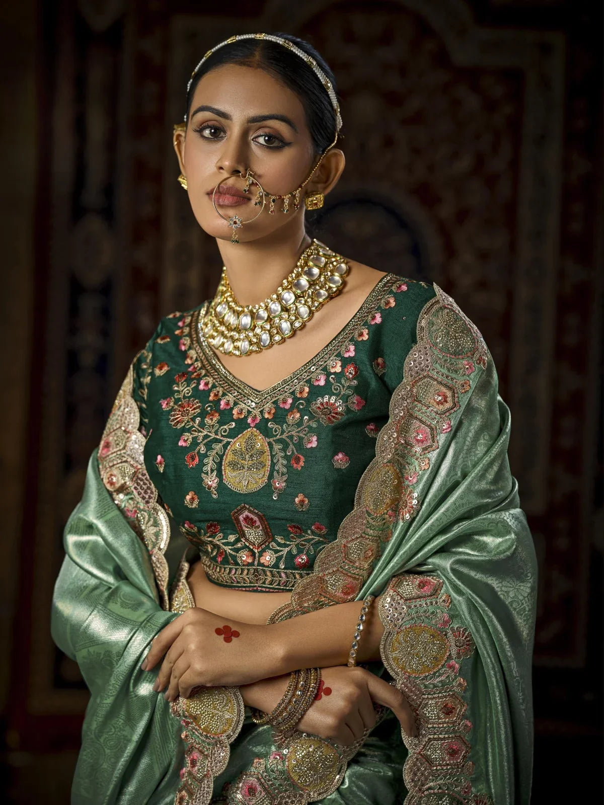 Tarani green bridal silk saree upper body with embroidered blouse
