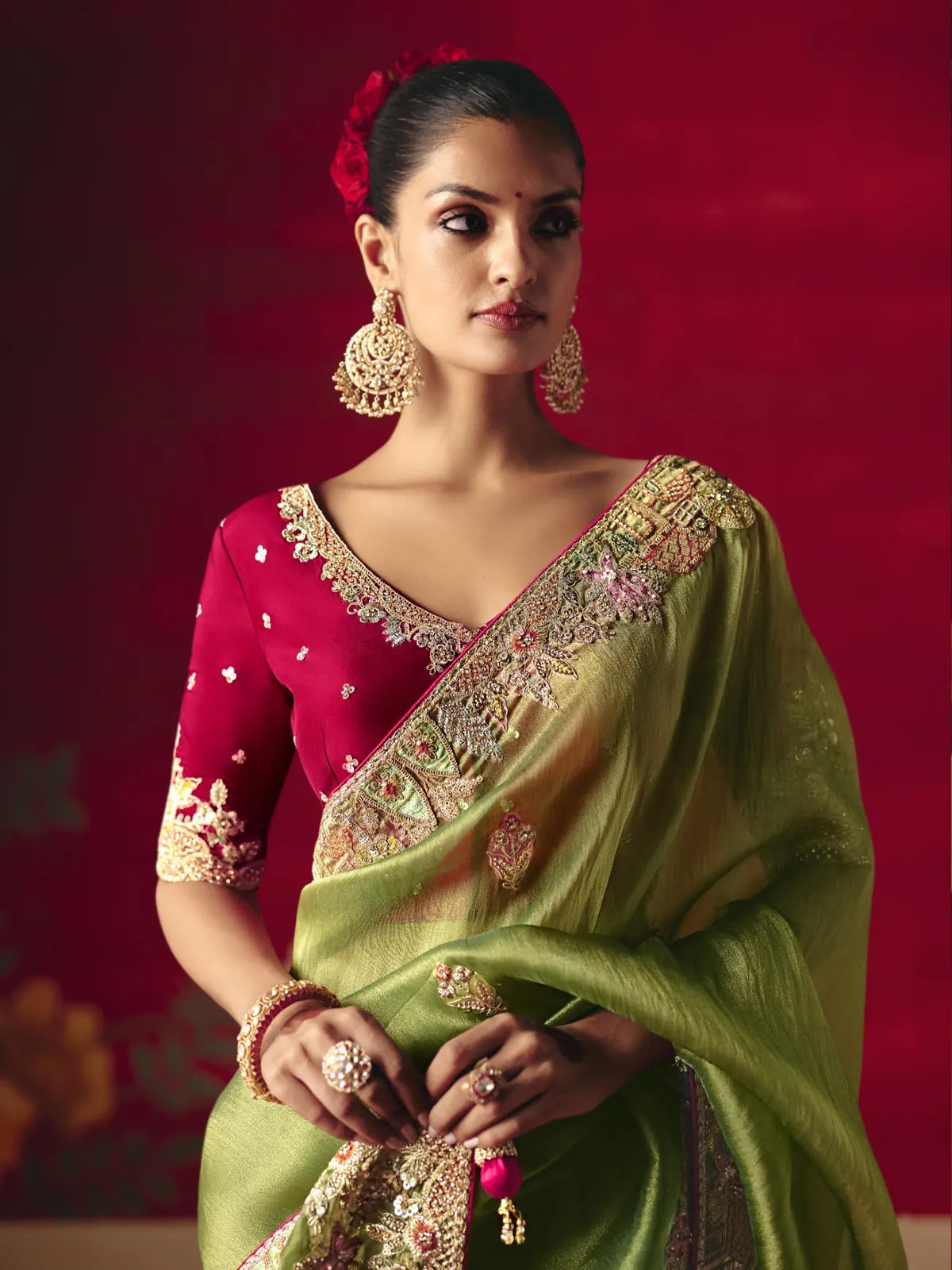Tarani premium festive green saree with embroidered maroon blouse upper body look