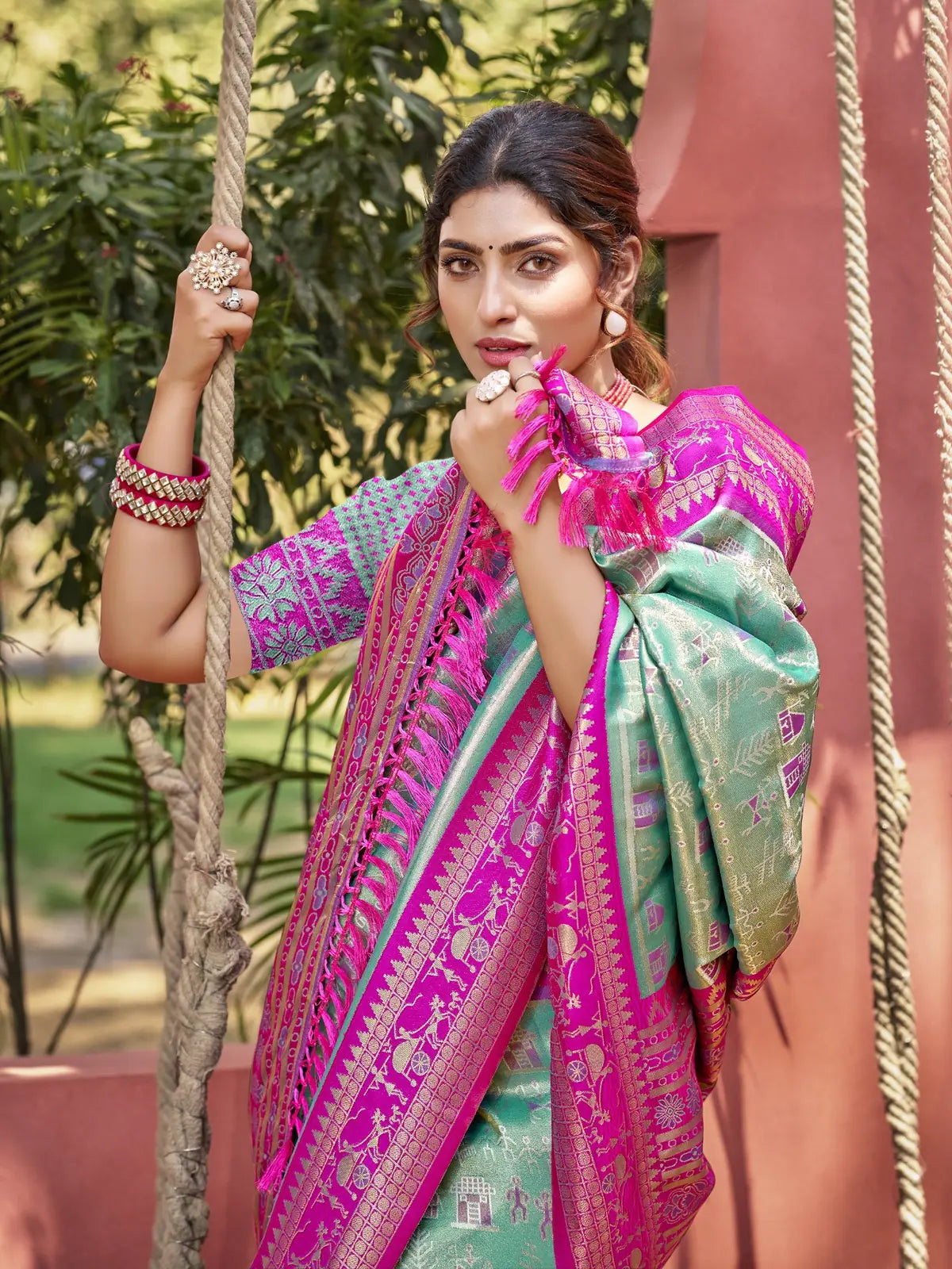 Tarani kanjivaram silk saree upper body view showing jewelry and blouse design