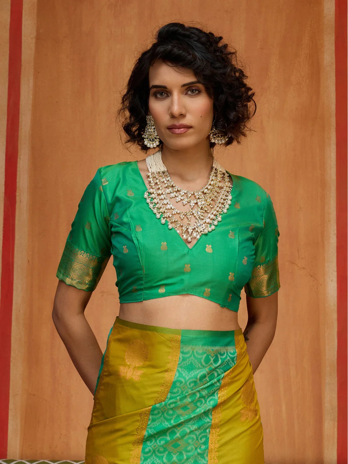 Tarani green silk blouse with zari border closeup front model view