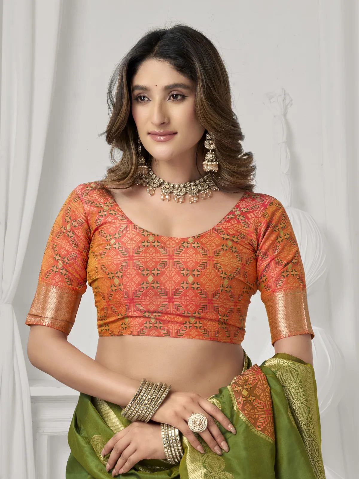 Tarani green silk saree upper body view showing blouse and border detailing