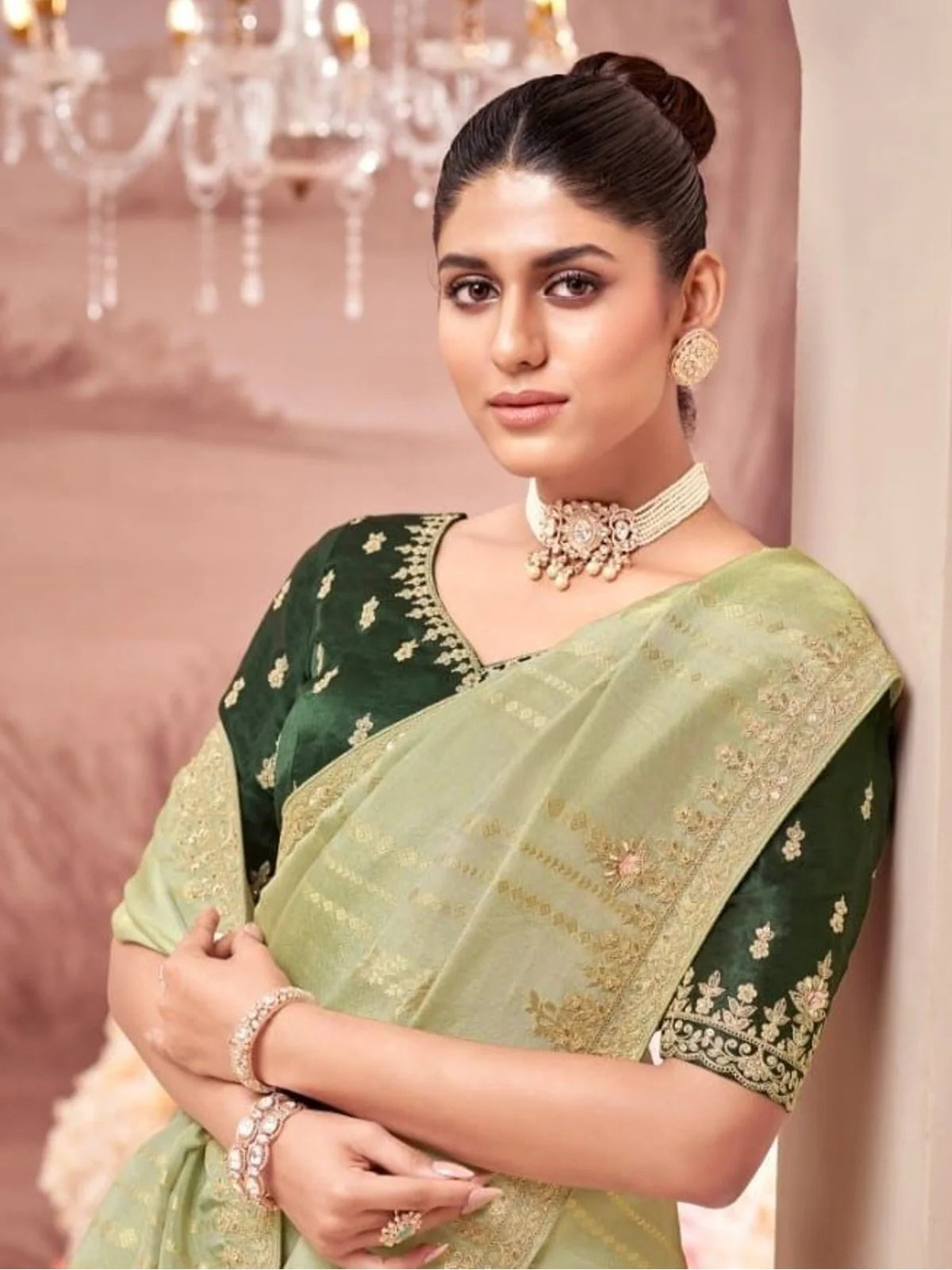 Tarani elegant green saree close-up with choker and detailed sleeve embroidery on blouse