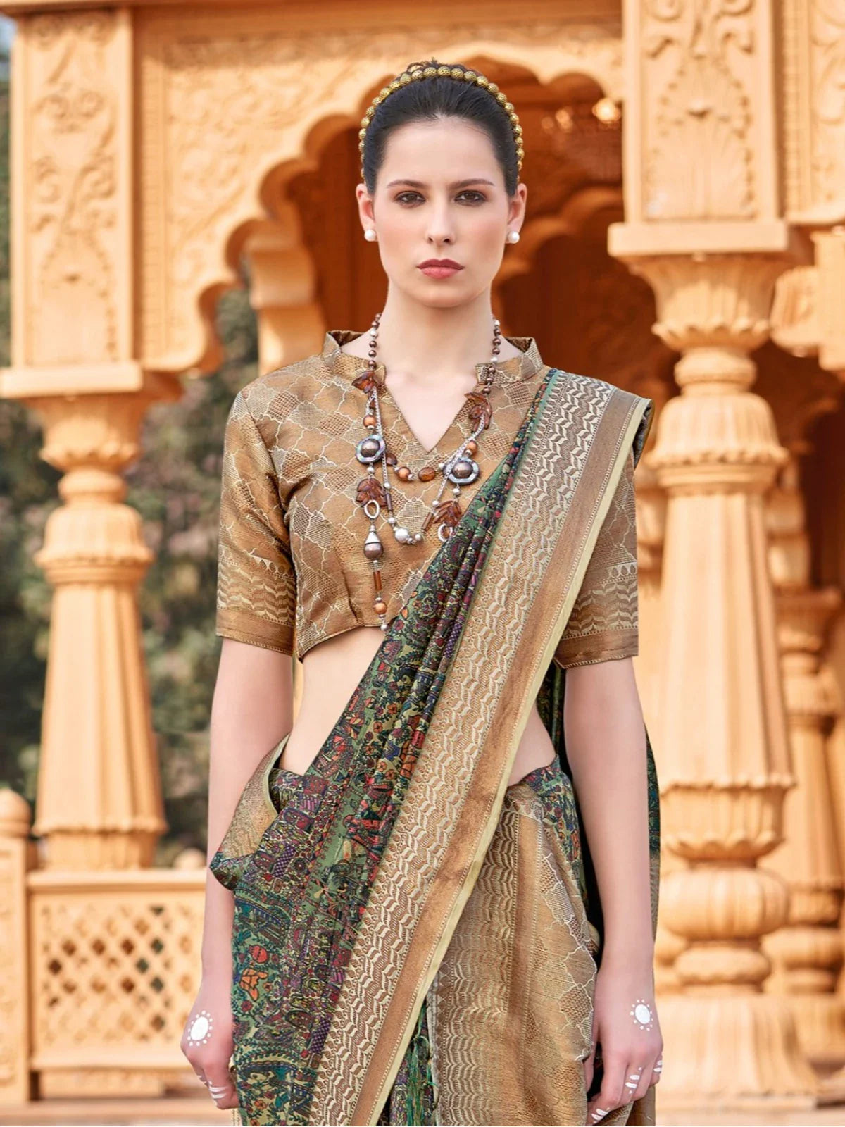 Tarani green silk saree upper body closeup blouse view