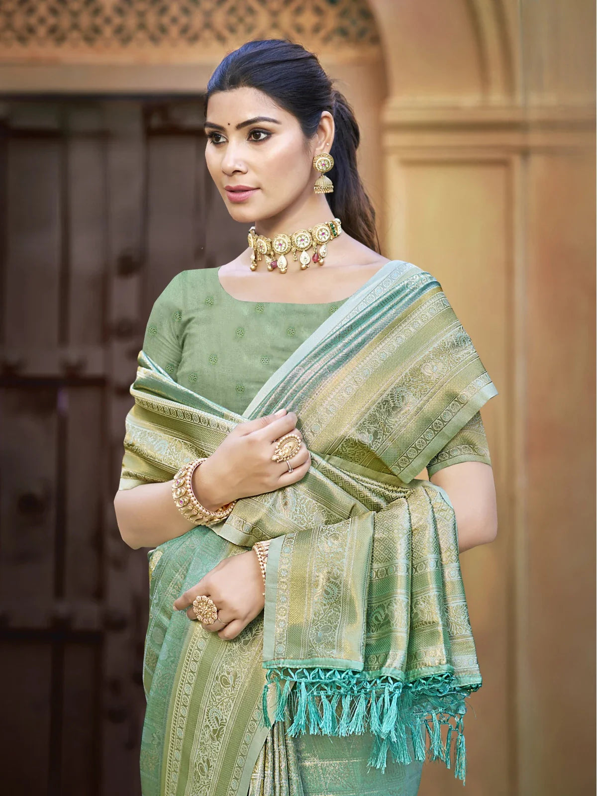 Tarani elegant green kanjivaram silk saree upper body view with blouse