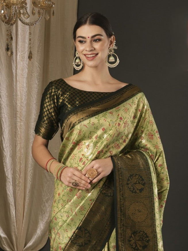 Tarani premium green silk saree upper body view with blouse detailing