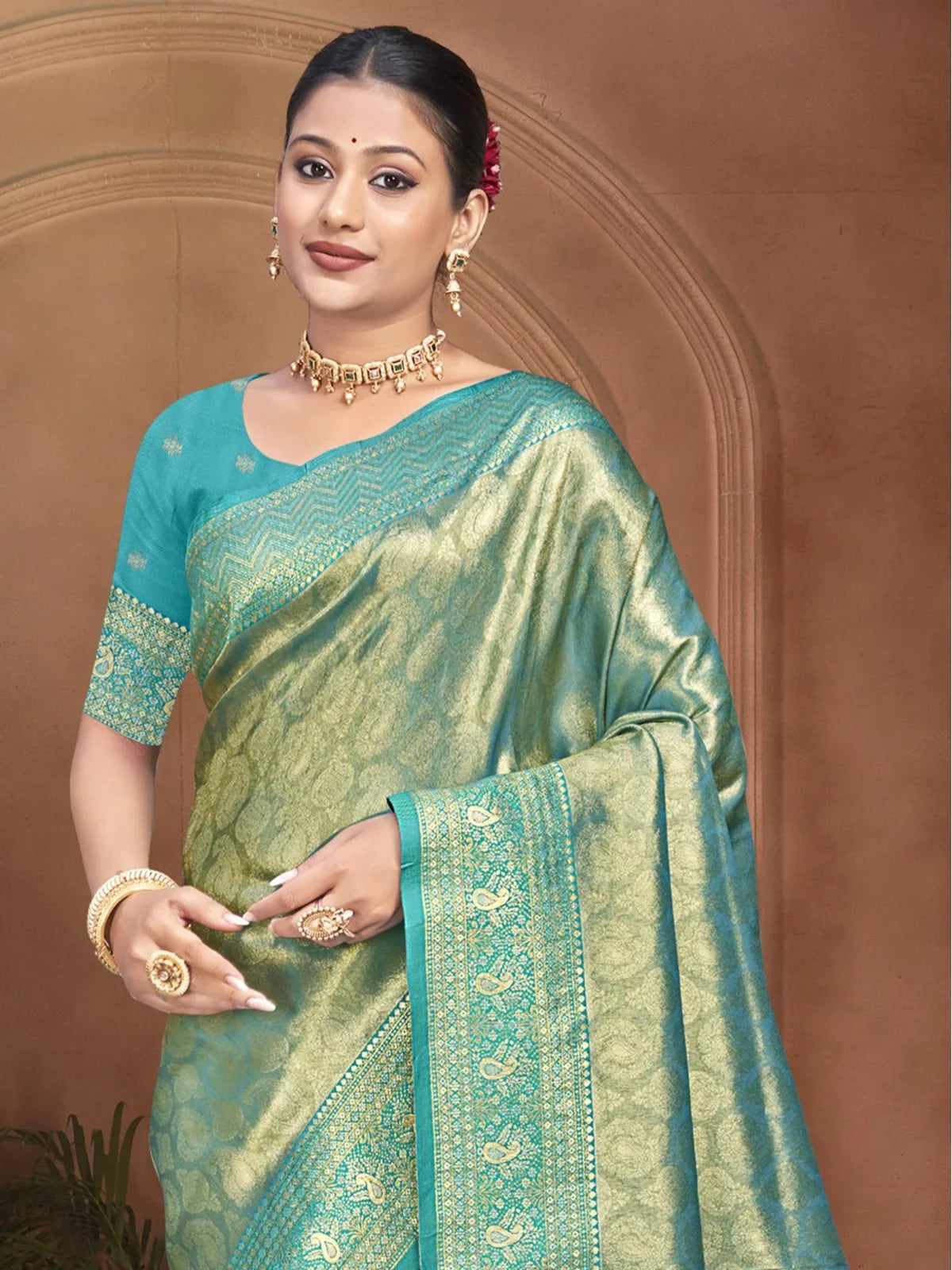 Tarani elegant green kanjivaram silk saree upper body view with matching blouse