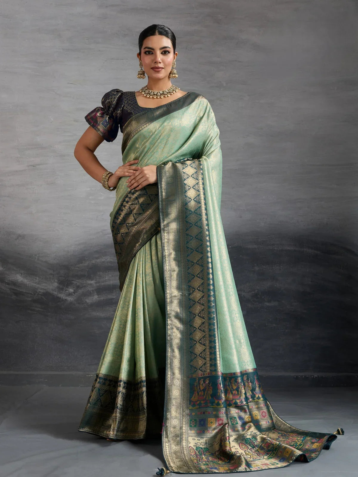 Tarani green Kanjivaram silk saree with zari and meenakari pallu full front view