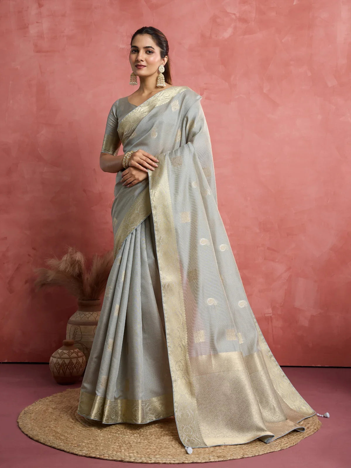Tarani elegant grey soft silk saree with golden woven border full view