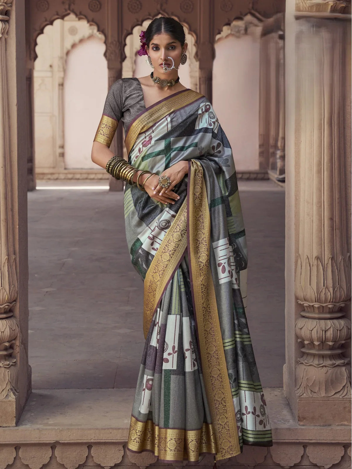 Tarani premium grey silk saree full view with embroidery and tassel border for festive wear