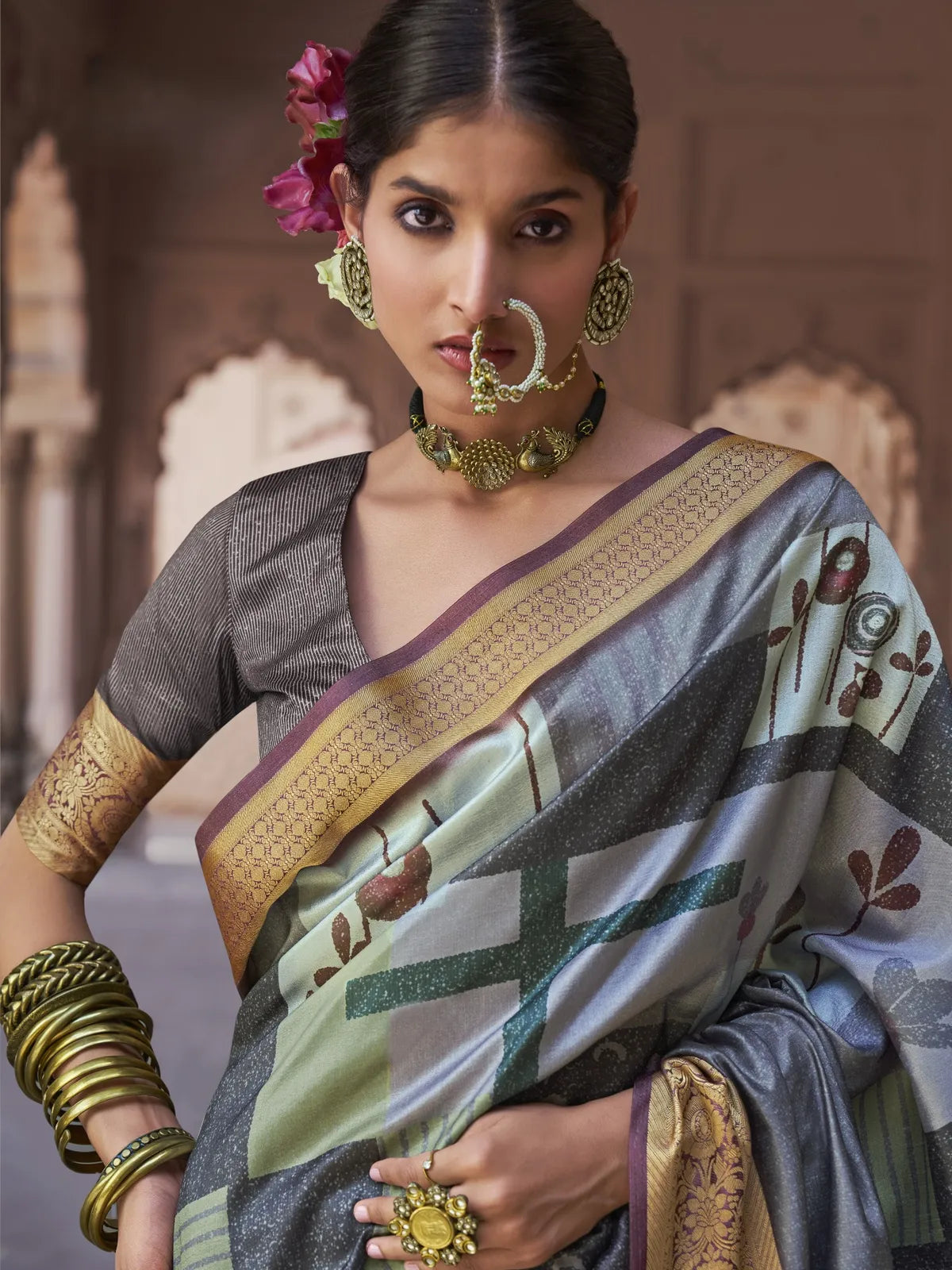 Tarani grey silk saree upper body view with blouse and zari border