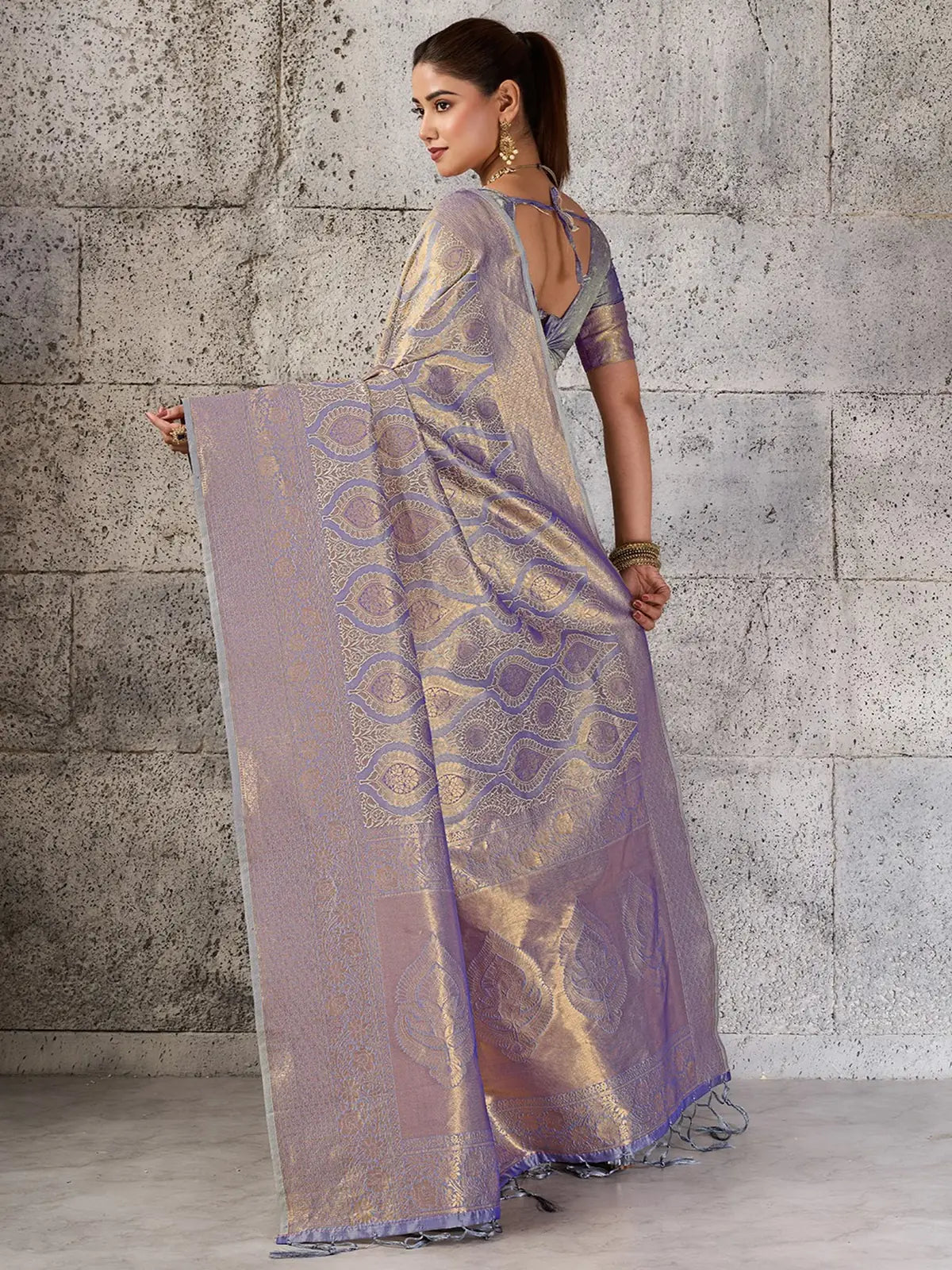 Tarani lavender Kanjivaram Silk Blend saree back view showing blouse design and elegant pallu