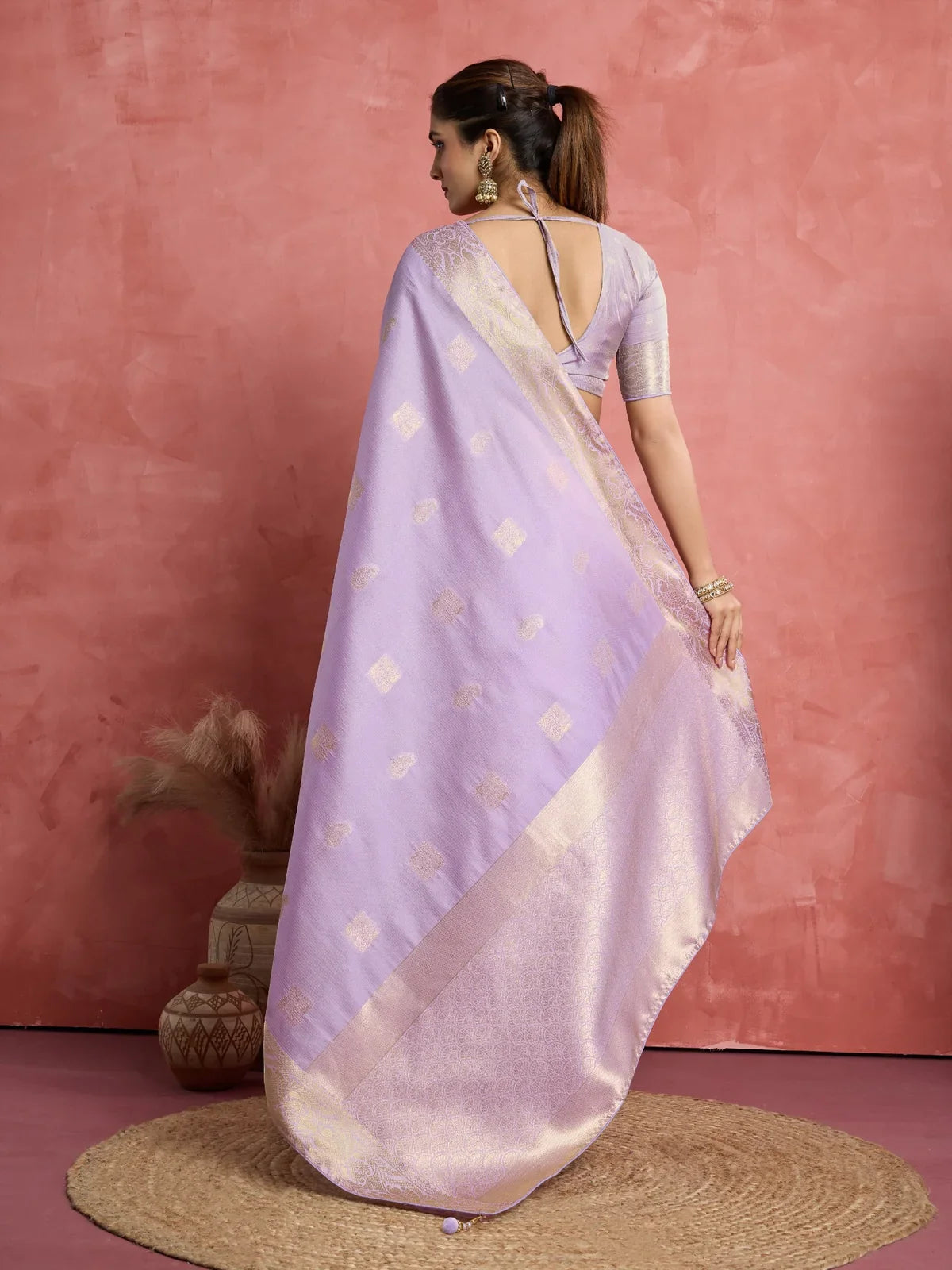 Tarani lavender silk saree with detailed blouse design back view