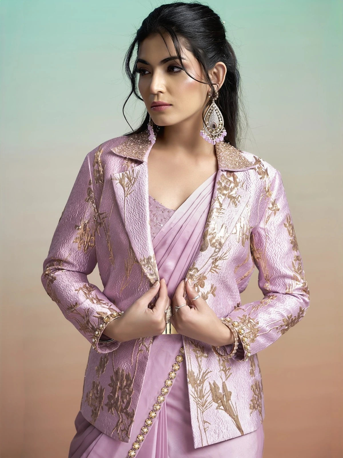 Tarani Aariniya lavender satin silk saree closeup with jacquard jacket and pearl sequin detailing