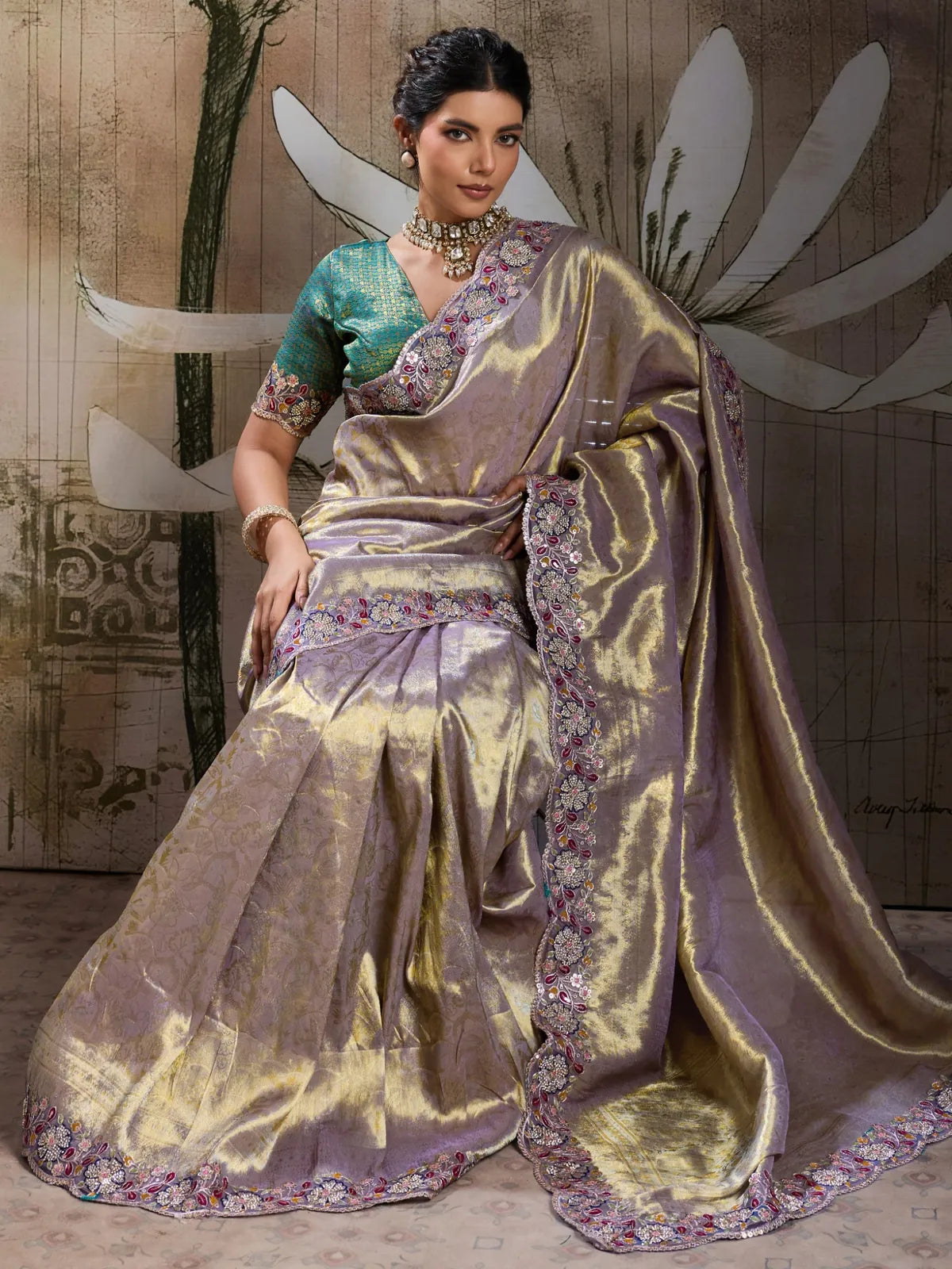 Tarani Banarasi jacquard silk saree in lavender with embroidered border front-view