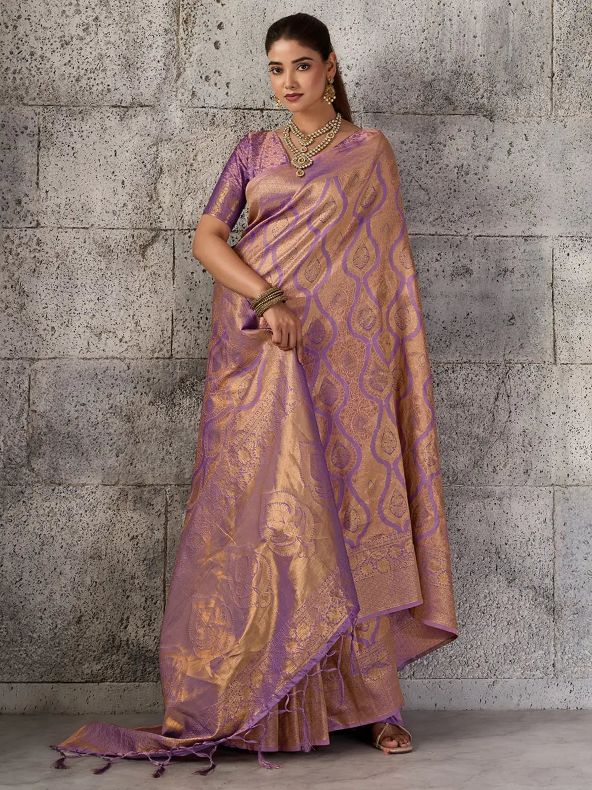 Tarani lavender Kanjivaram Silk Blend saree front view with graceful drape