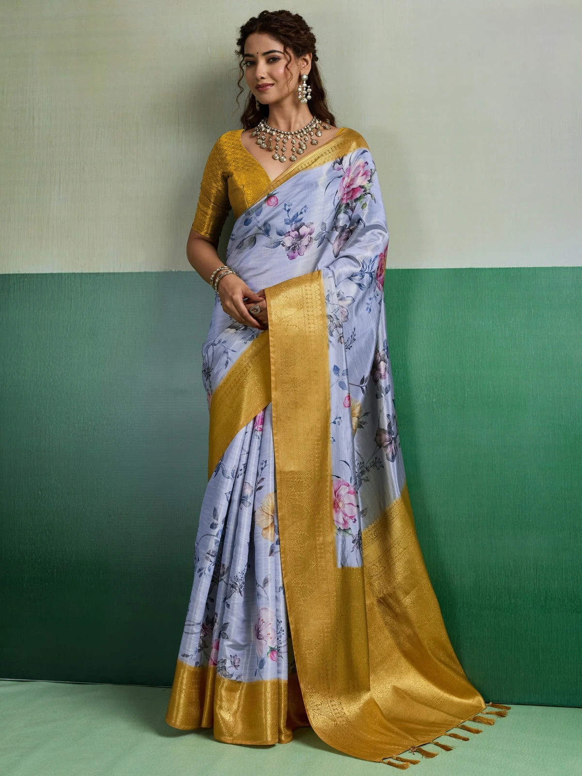 Tarani Pure Kanjivaram Tissue Silk lavender floral saree full view with golden border