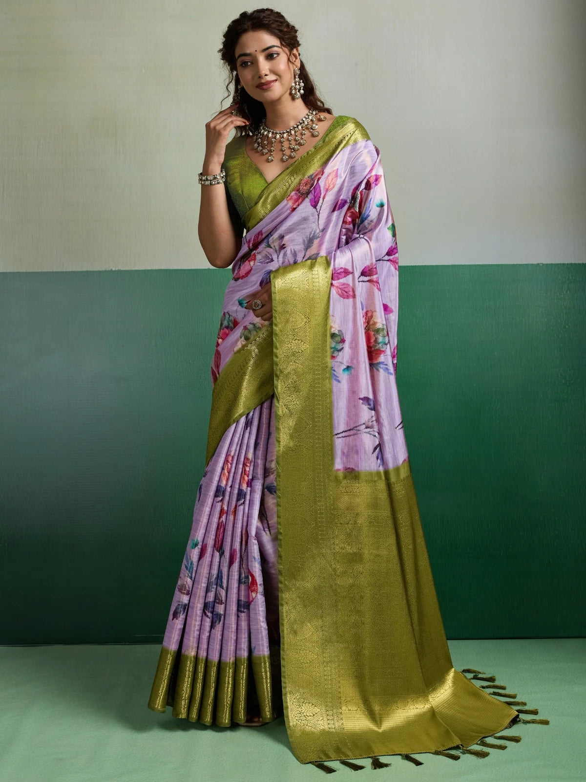 Tarani lavender Pure Kanjivaram tissue silk saree with floral digital print full-view