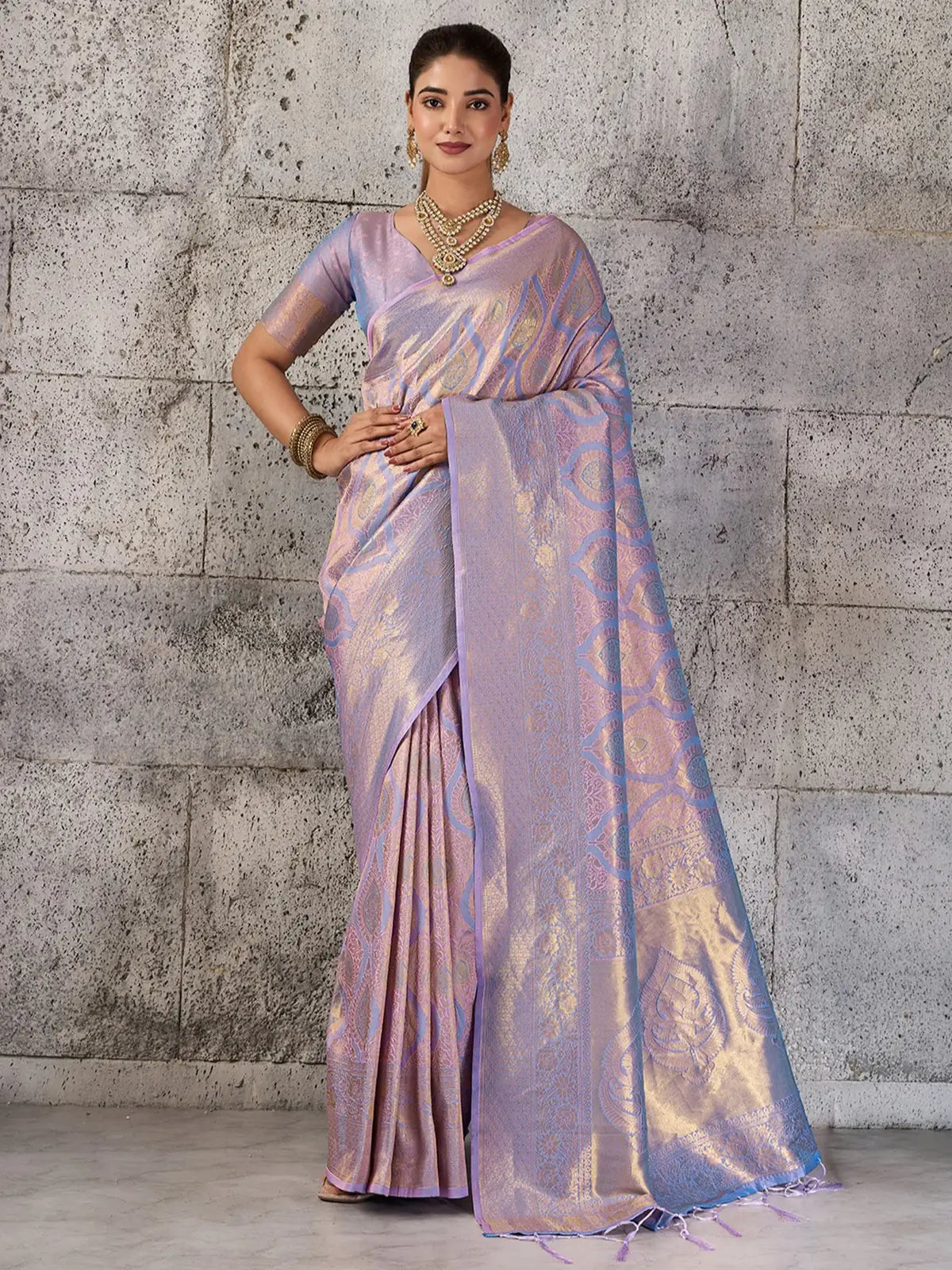 Tarani Suhani lavender Kanjivaram silk blend saree with intricate gold zari work full view for wedding and festive wear