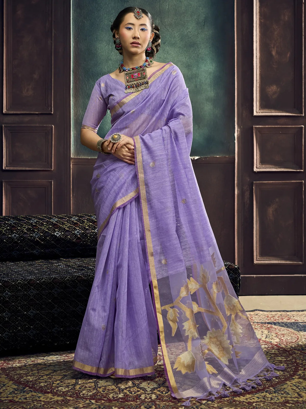 Tarani lavender Pure Munga Silk Handloom Weaving saree full-view with woven border and blouse