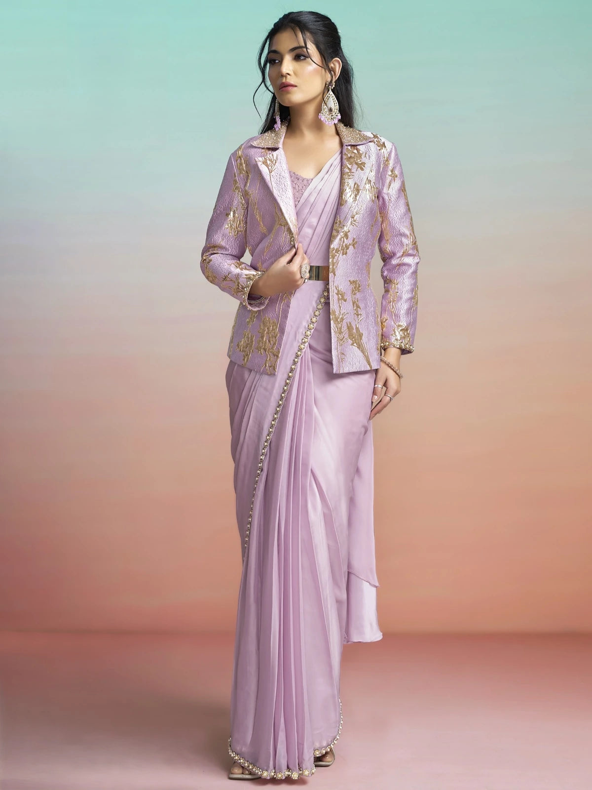Tarani Aariniya lavender satin silk ready to wear saree full view with pearl sequin work and jacket