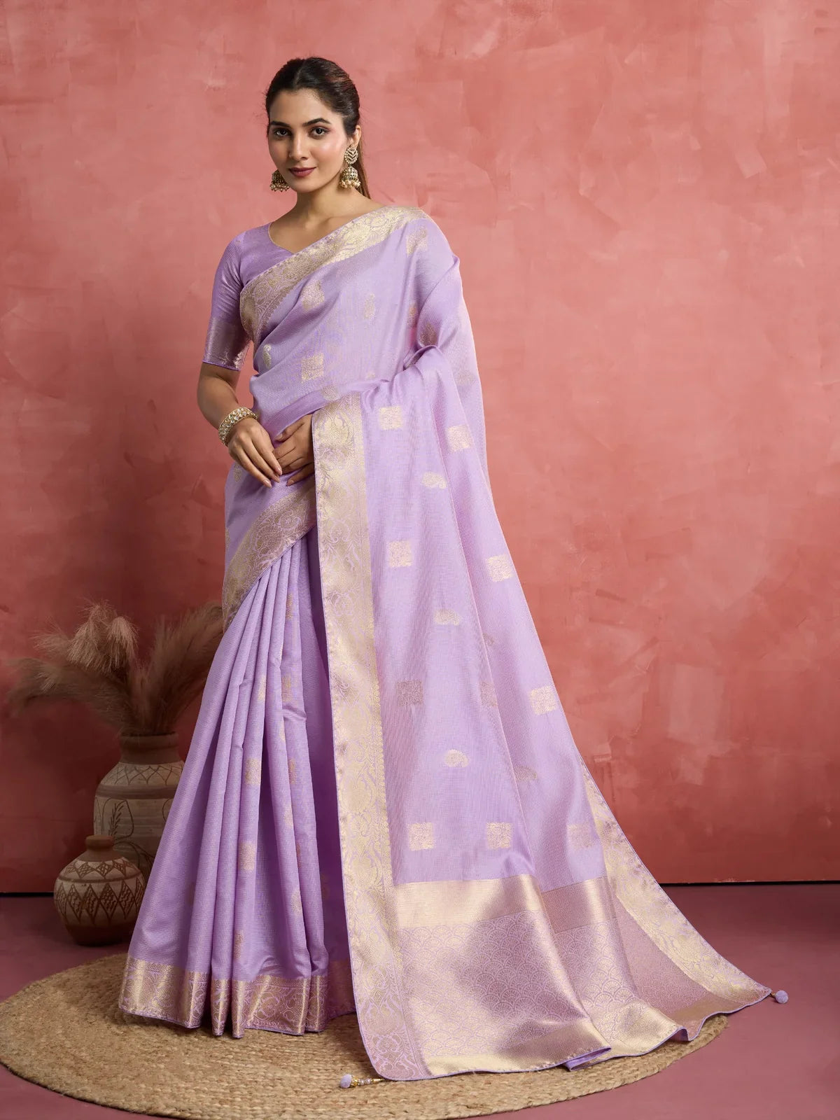 Tarani lavender silk saree with elegant woven patta and blouse full front view