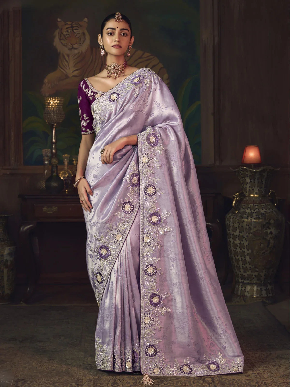 Tarani lavender silk saree with floral embroidery and full-view design for wedding occasions