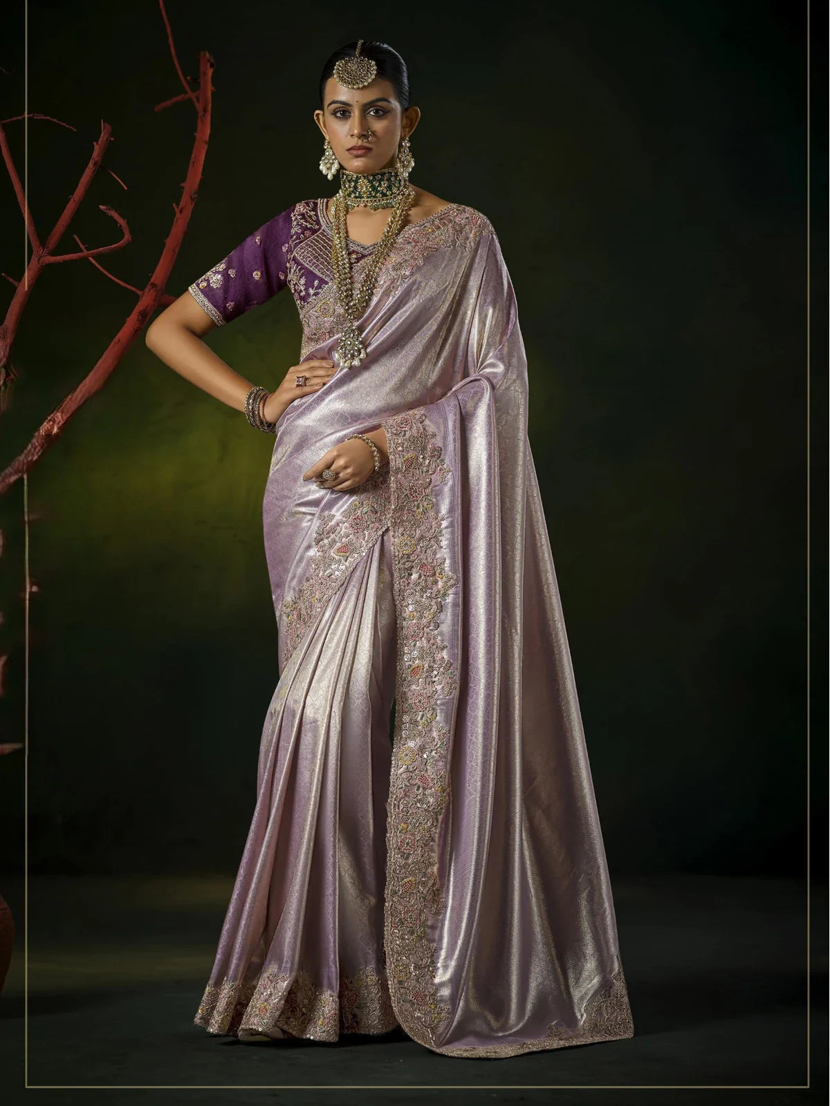 Tarani premium lavender silk bridal saree with cutwork border and zarkan sequins perfect for weddings