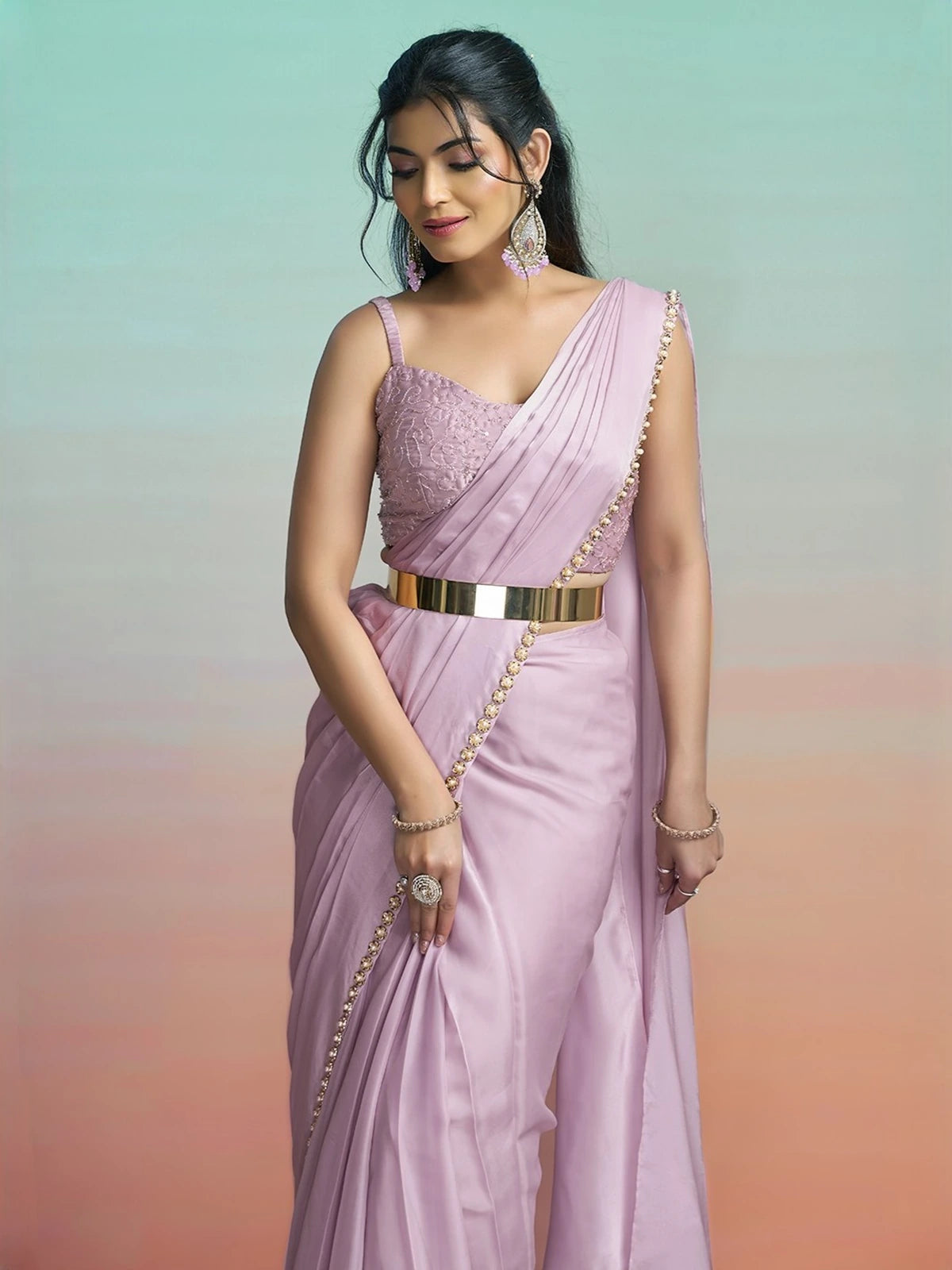 Tarani Aariniya lavender satin silk ready to wear saree upper body view with stitched blouse and belt