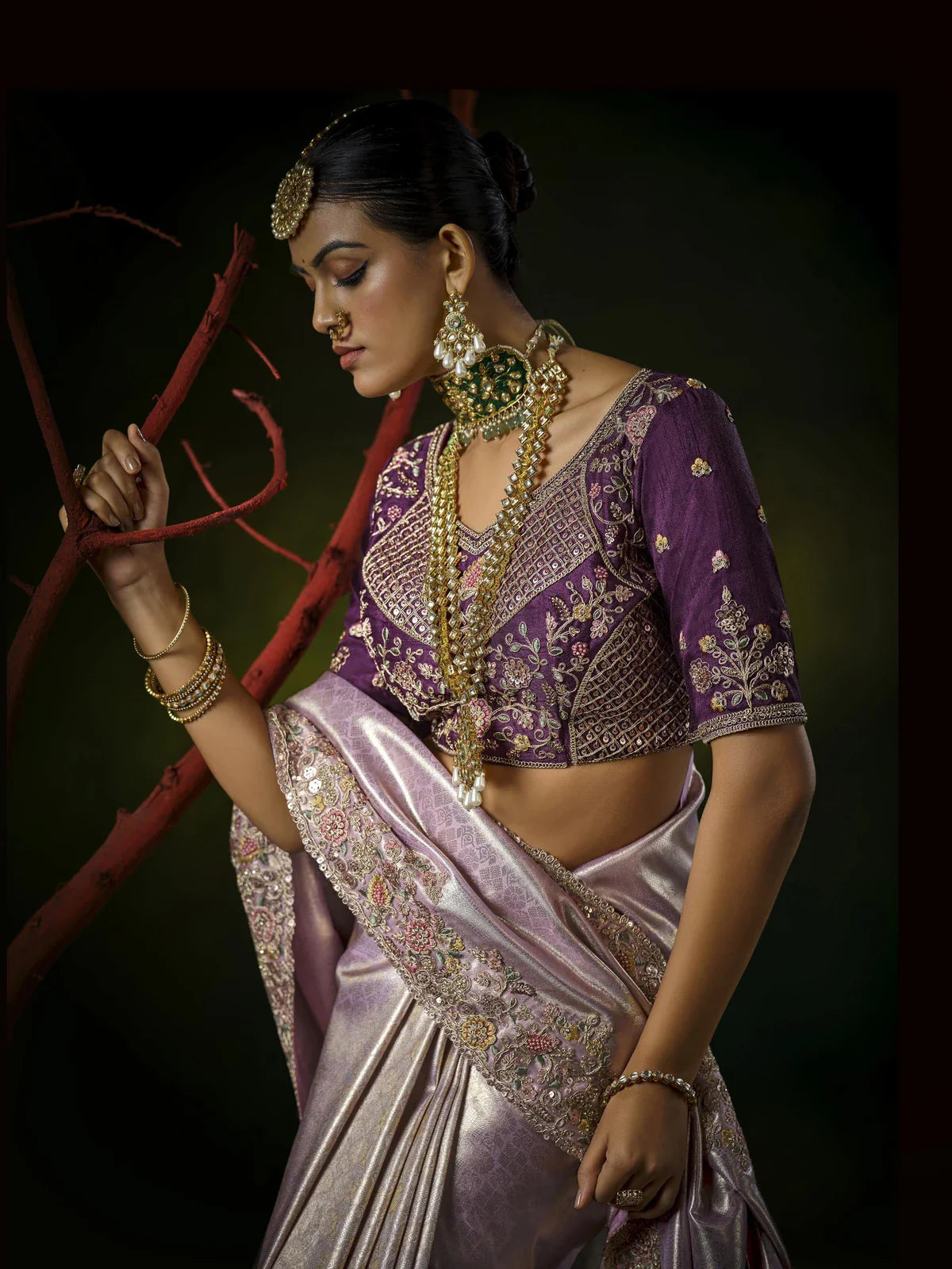 Tarani lavender silk saree with embroidered purple blouse and bridal jewellery for wedding elegance